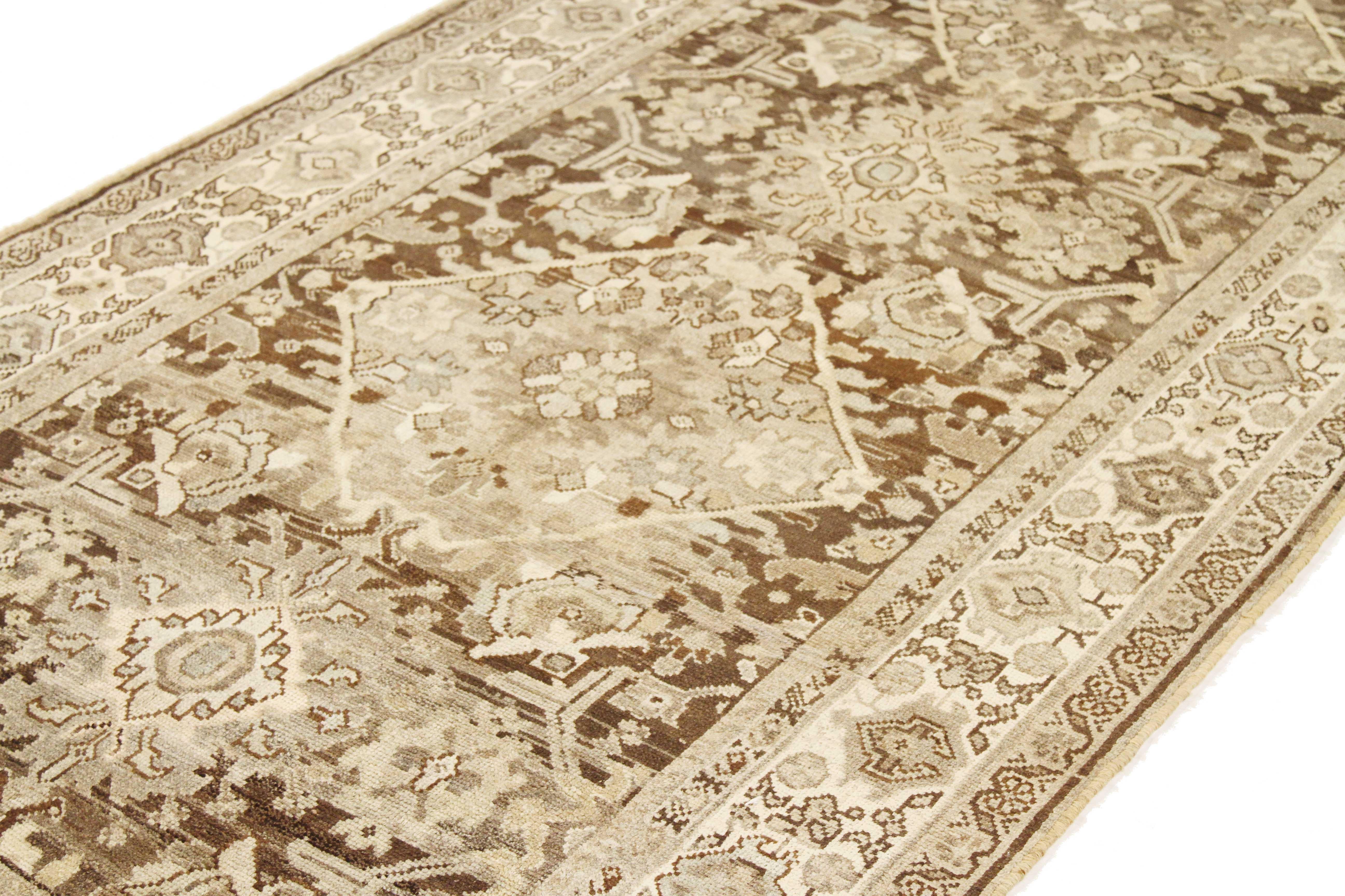 Other Antique Persian Mahal Rug with Ivory and Brown Botanical Patterns For Sale
