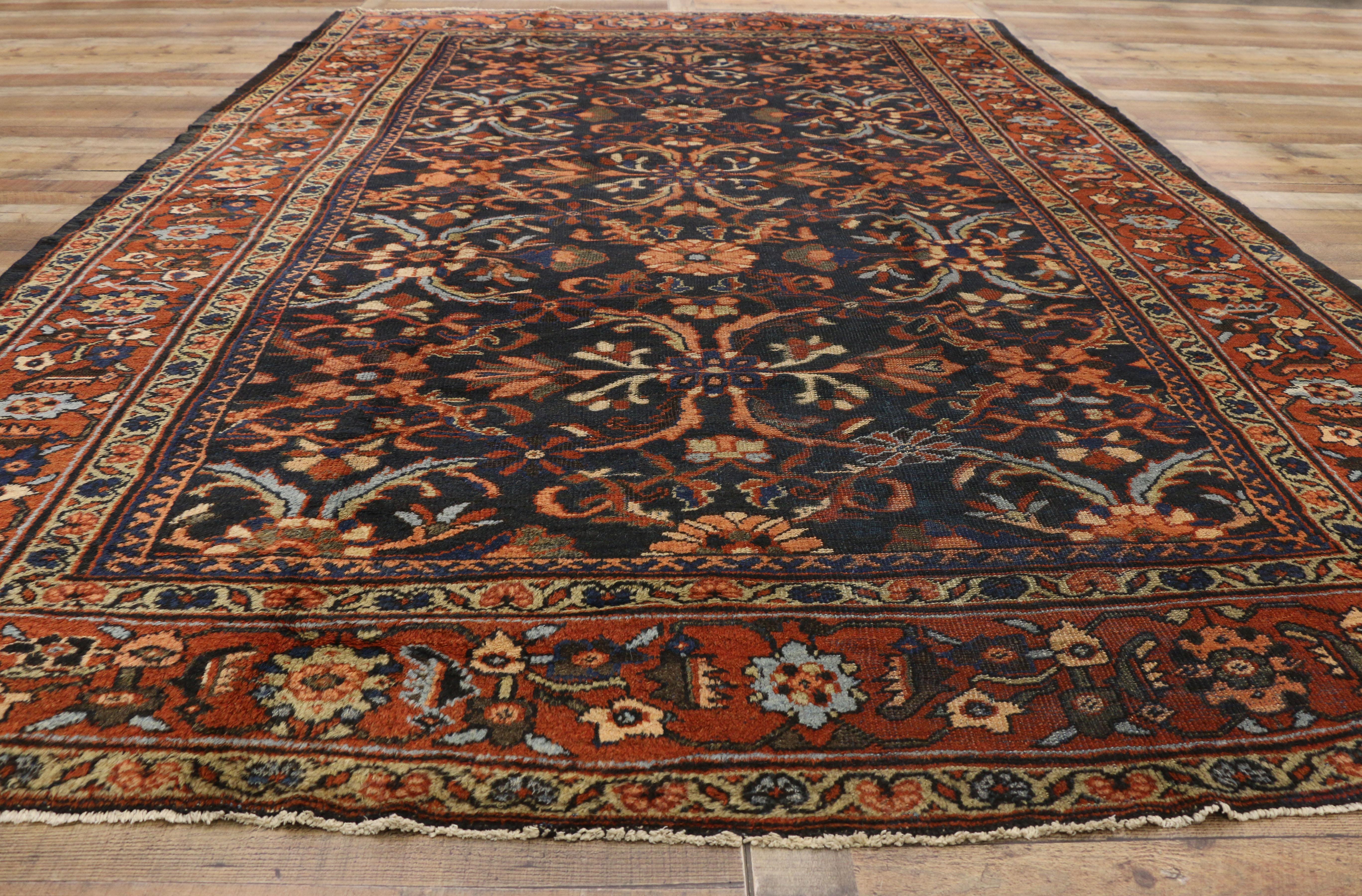 Antique Persian Mahal Rug with Mina Khani Pattern and Arts & Crafts Style In Fair Condition For Sale In Dallas, TX