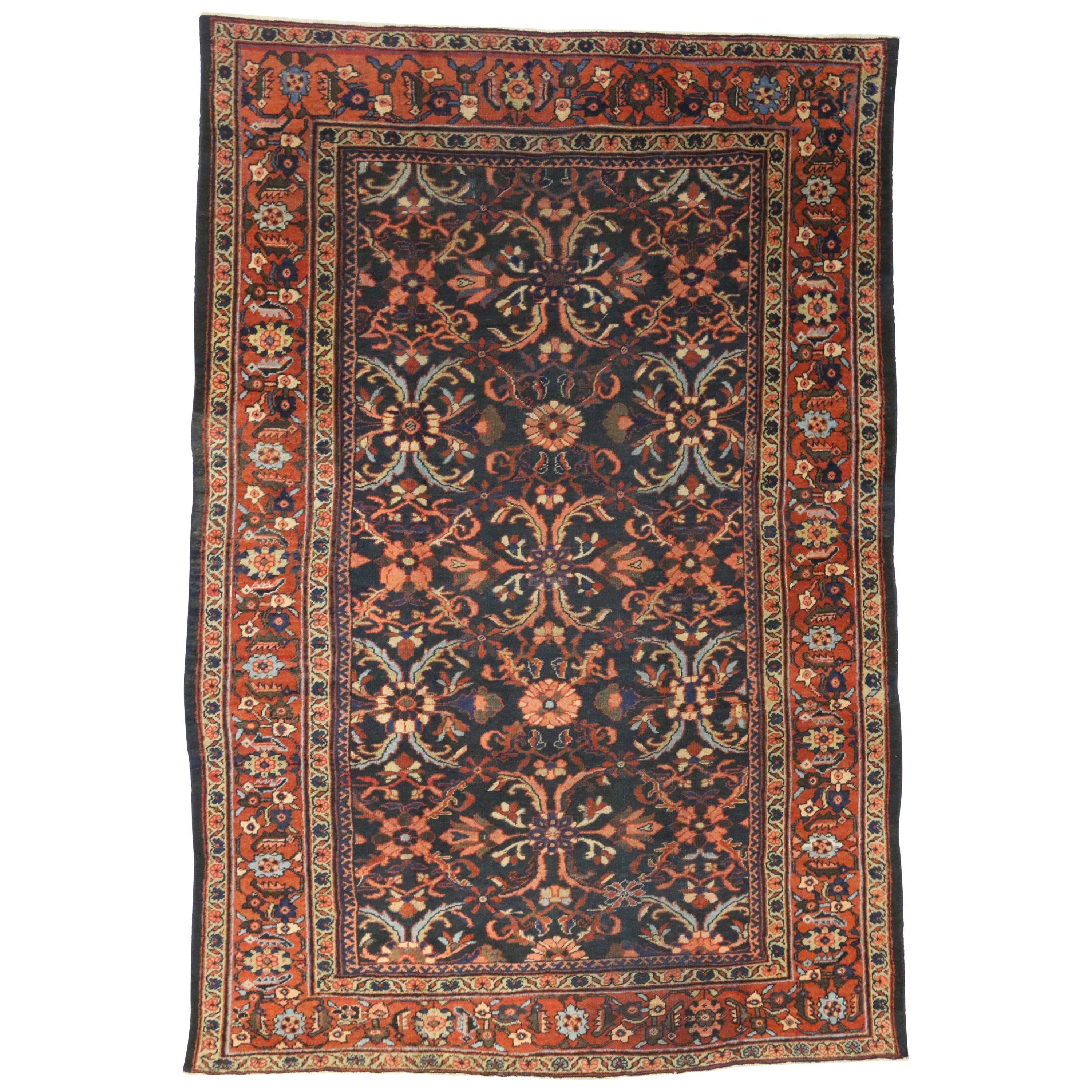 72100 Antique Persian Mahal Rug with Mina Khani Pattern and Arts & Crafts Style 08'07 x 12'08. This hand knotted wool antique Persian Mahal rug features a lively all-over floral lattice pattern composed of a repeating large-scale Mina Khani design