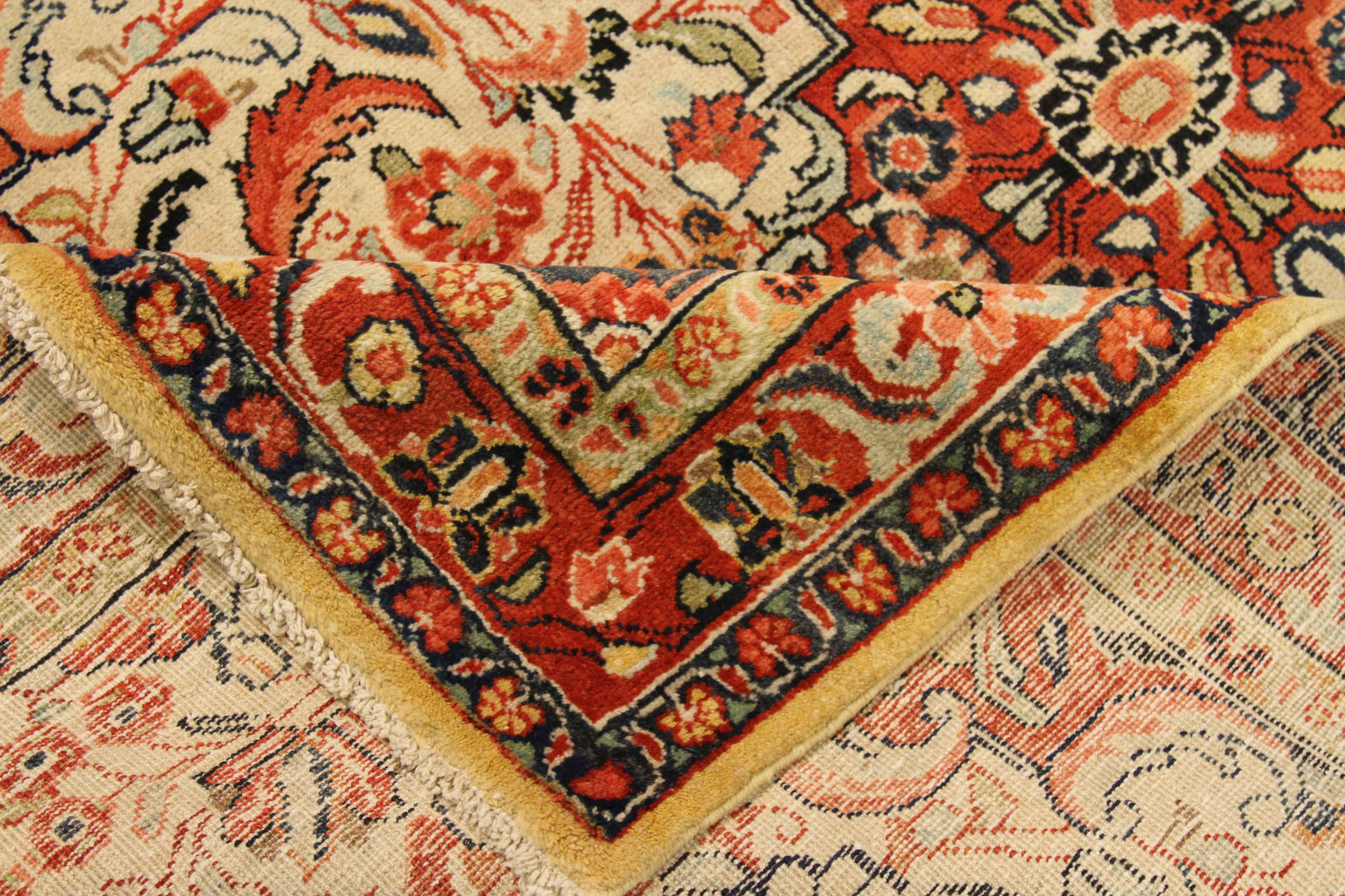 Hand-Woven Antique Persian Mahal Rug with Red & Ivory Floral Details on Red Field For Sale