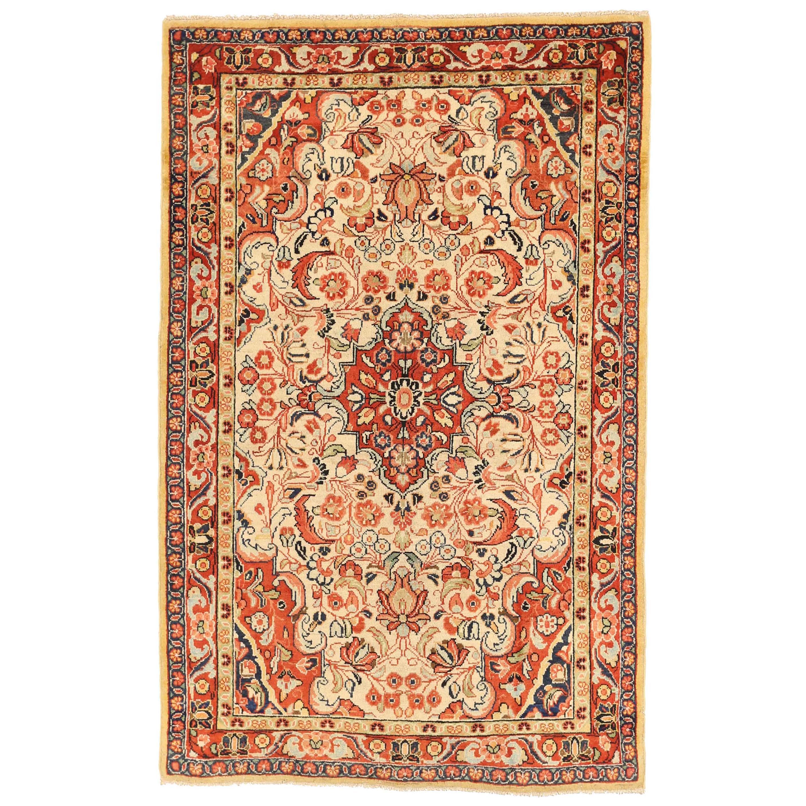 Antique Persian Mahal Rug with Red & Ivory Floral Details on Red Field