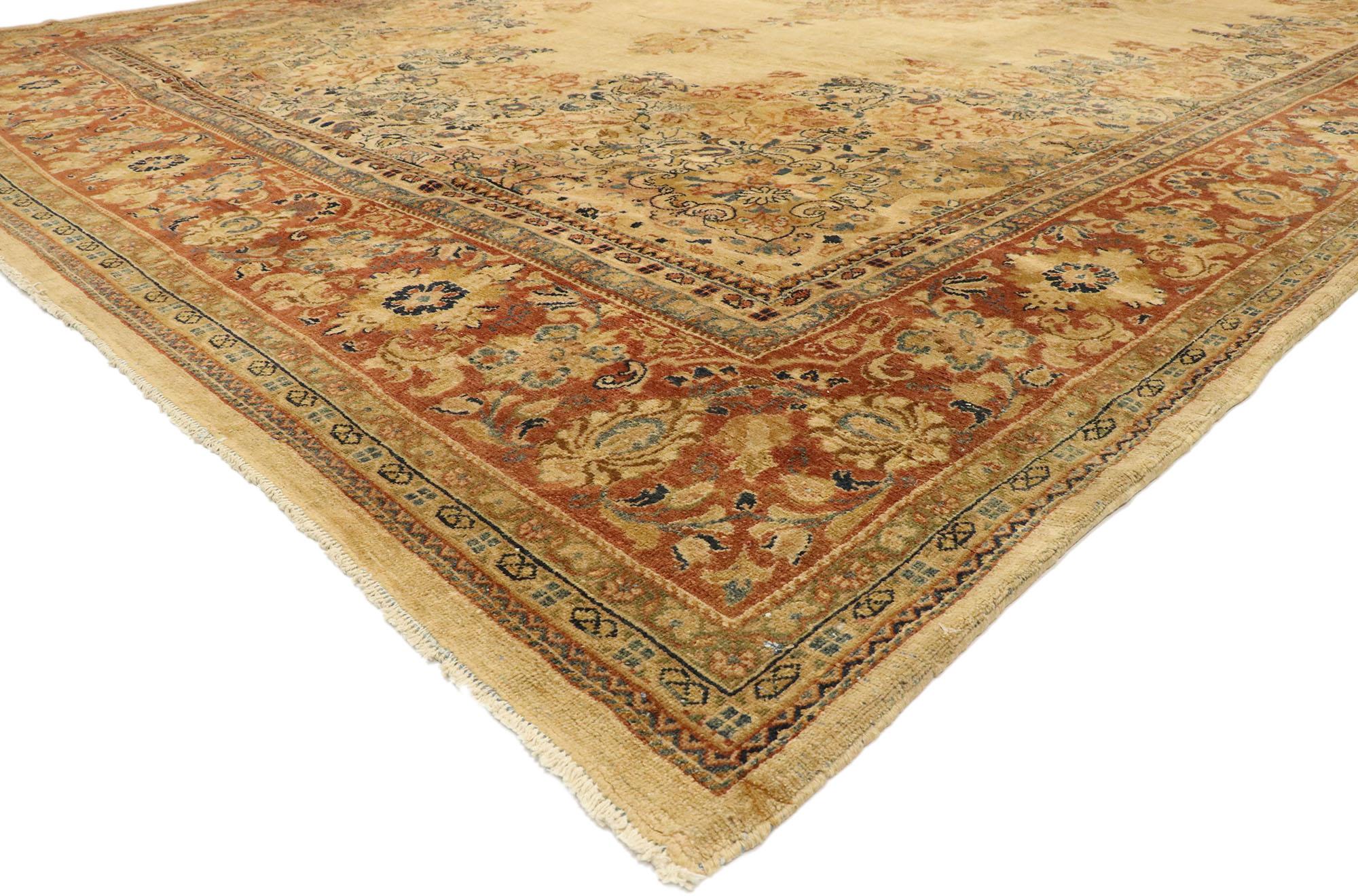 73329 antique Persian Mahal rug with Rustic Shaker style 12'00 x 19'05. With ornate details and well-balanced symmetry combined with a neutral color palette, this hand knotted wool antique Persian Mahal palace rug beautifully embodies rustic Shaker