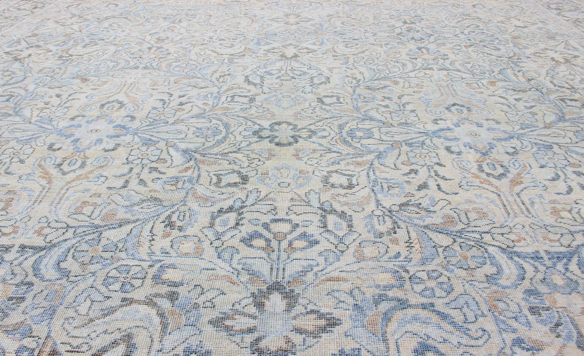 Antique Persian Mahal Rug with Sub Floral Design in Blue, Charcoal & Cream 3