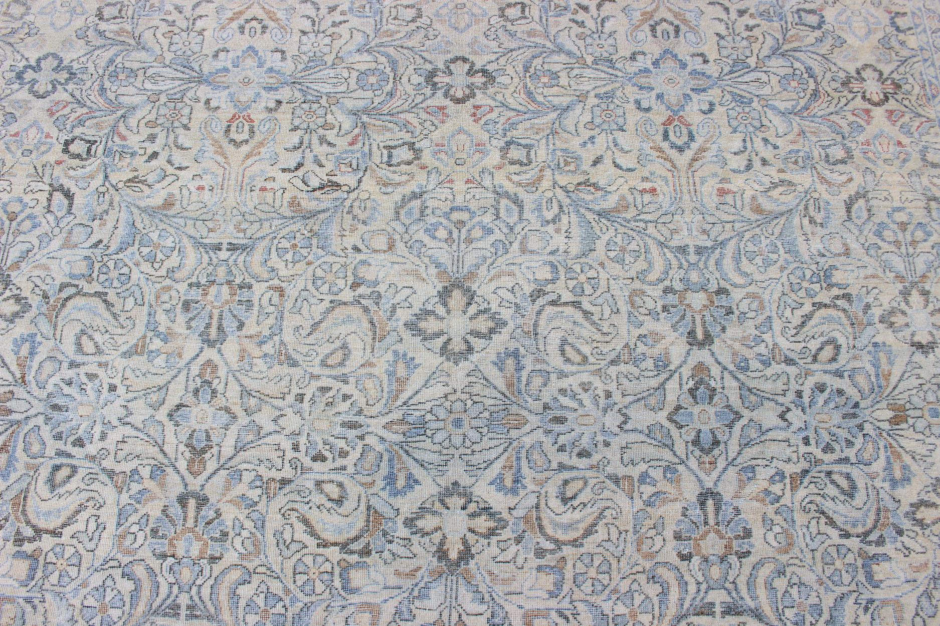 Antique Persian Mahal Rug with Sub Floral Design in Blue, Charcoal & Cream 5