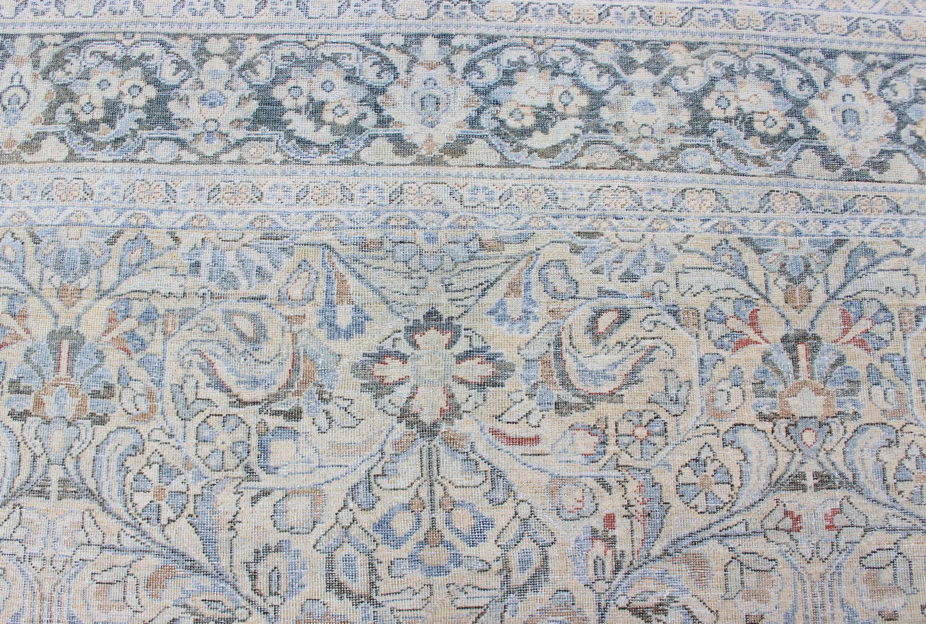 Antique Persian Mahal Rug with Sub Floral Design in Blue, Charcoal & Cream 6