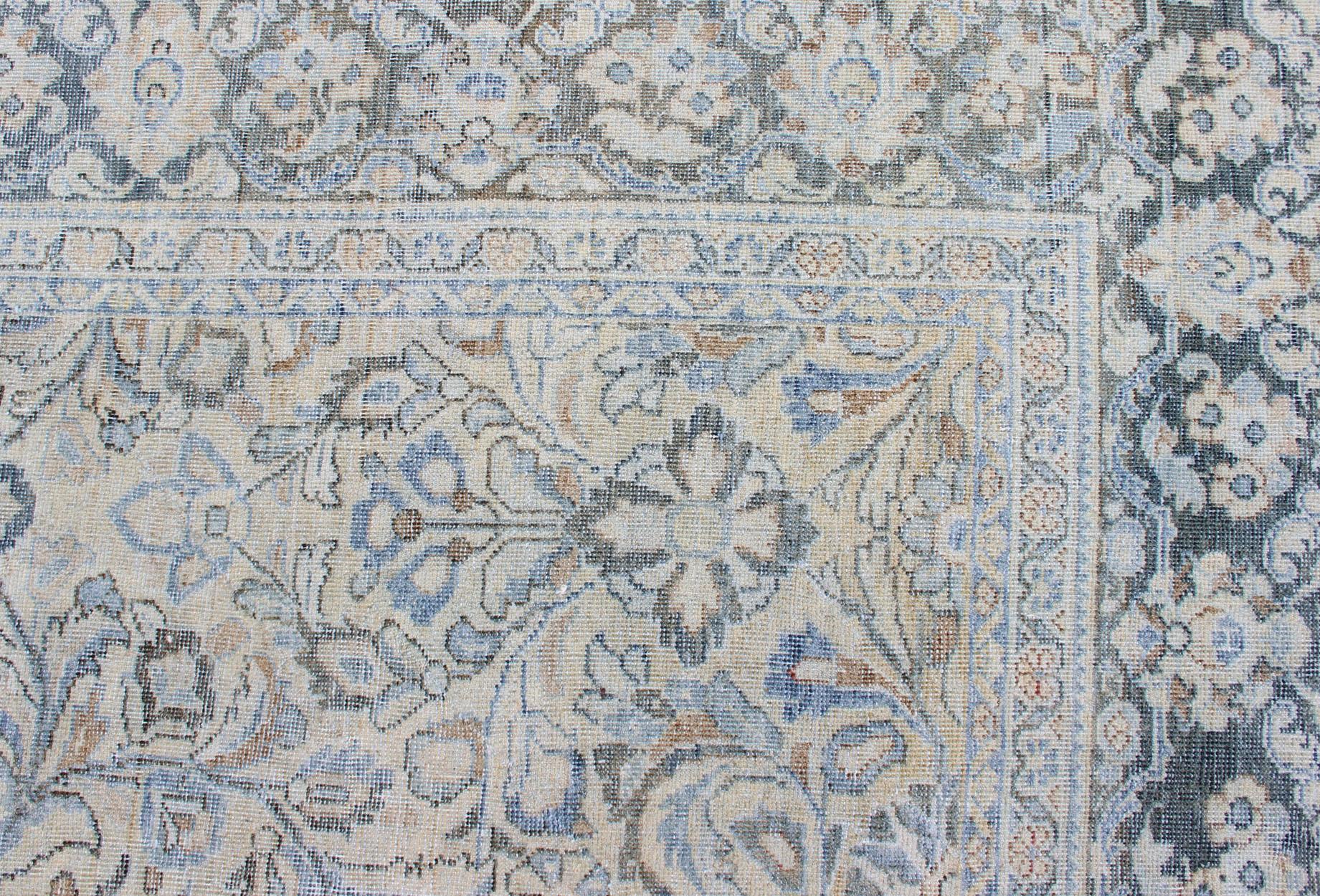 Antique Persian Mahal Rug with Sub Floral Design in Blue, Charcoal & Cream 8