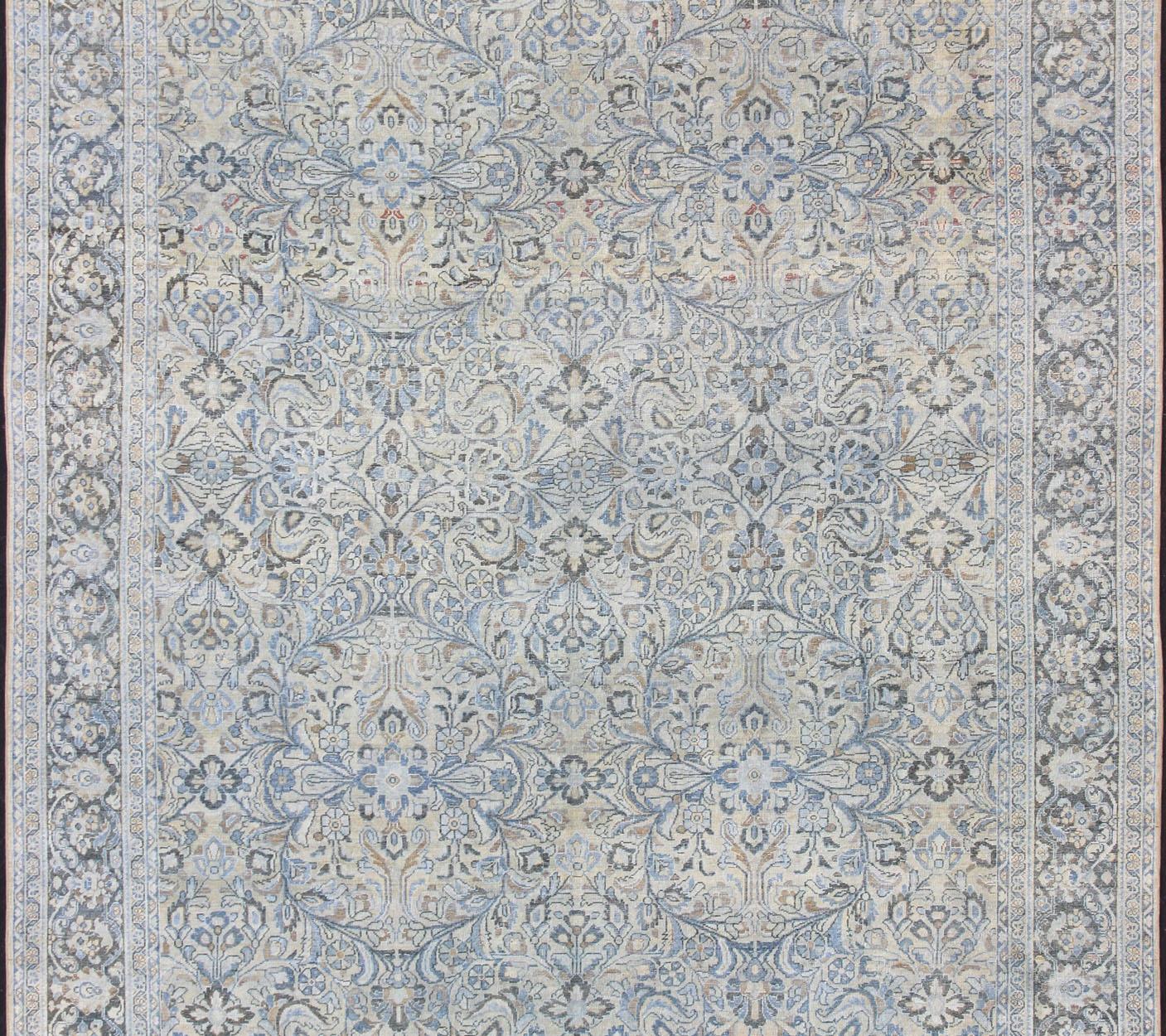 Sultanabad Antique Persian Mahal Rug with Sub Floral Design in Blue, Charcoal & Cream