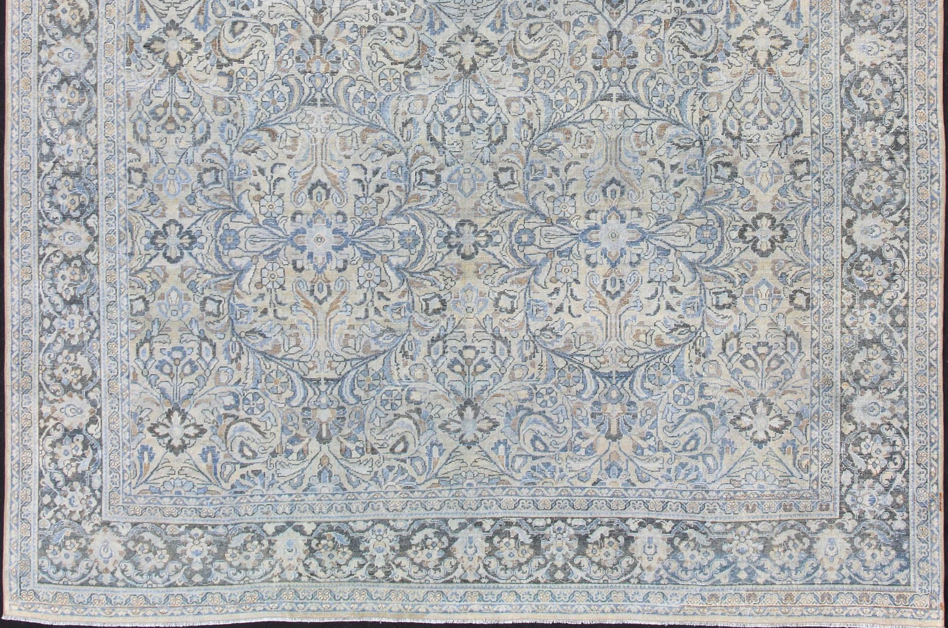 Hand-Knotted Antique Persian Mahal Rug with Sub Floral Design in Blue, Charcoal & Cream