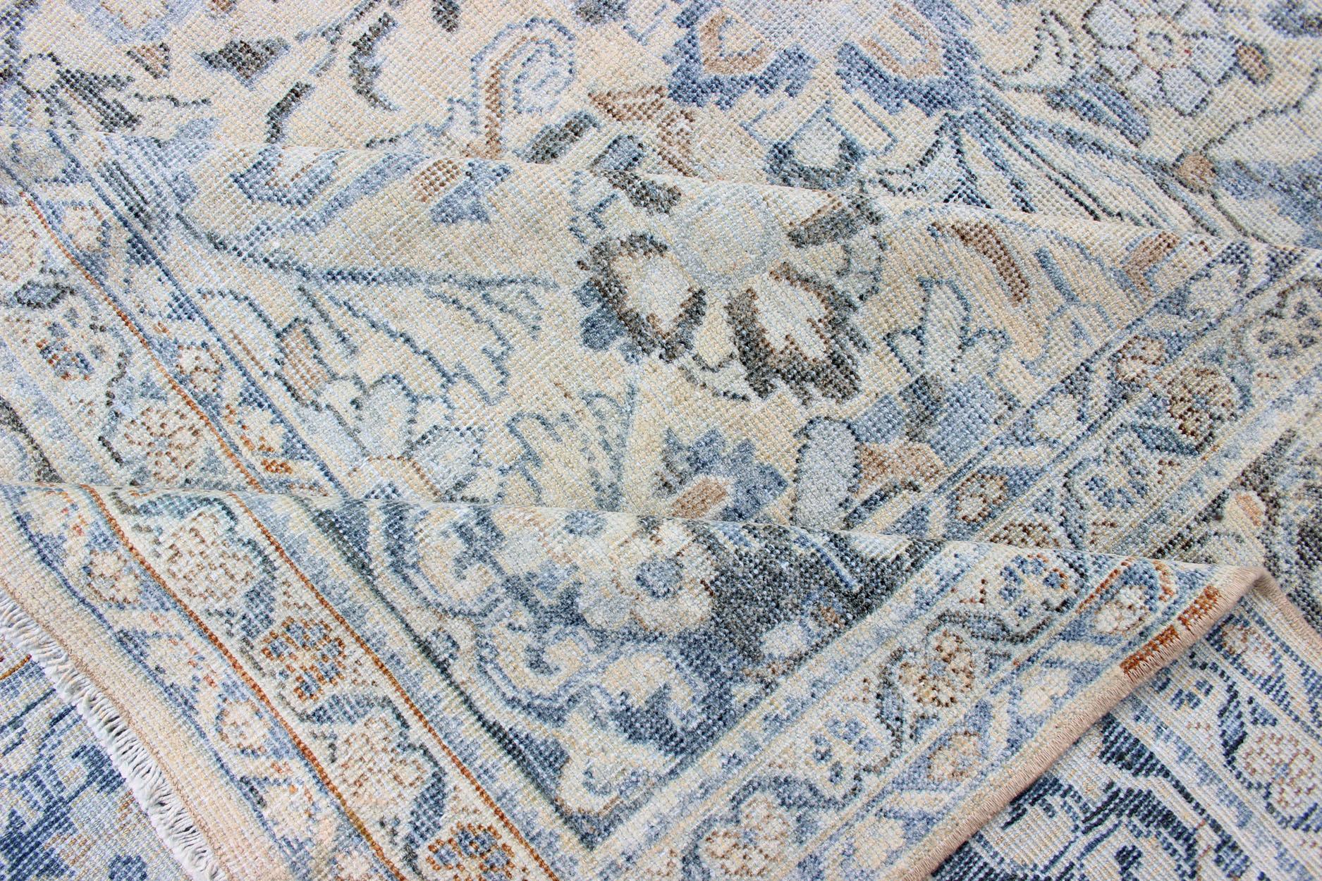 20th Century Antique Persian Mahal Rug with Sub Floral Design in Blue, Charcoal & Cream