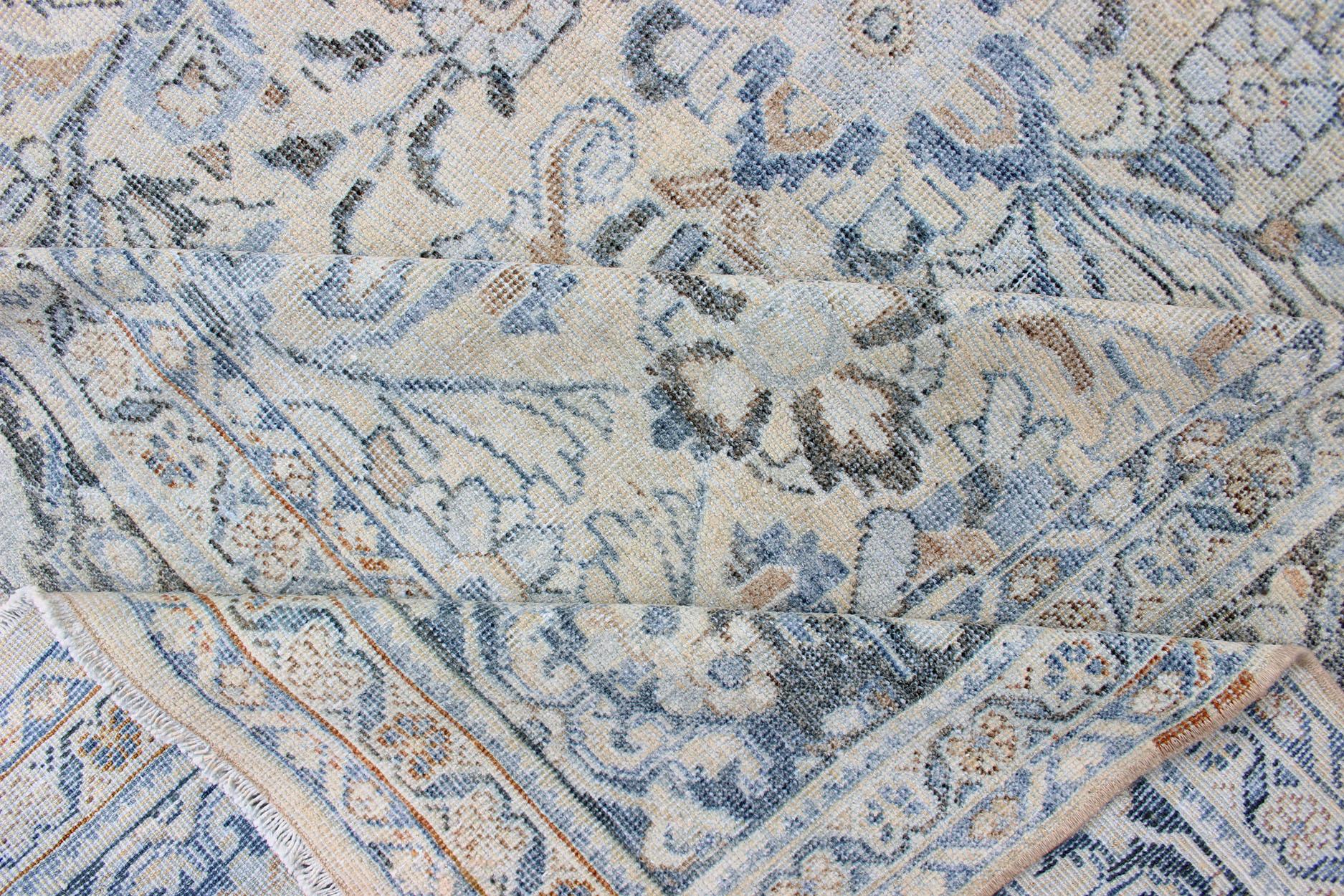 Wool Antique Persian Mahal Rug with Sub Floral Design in Blue, Charcoal & Cream