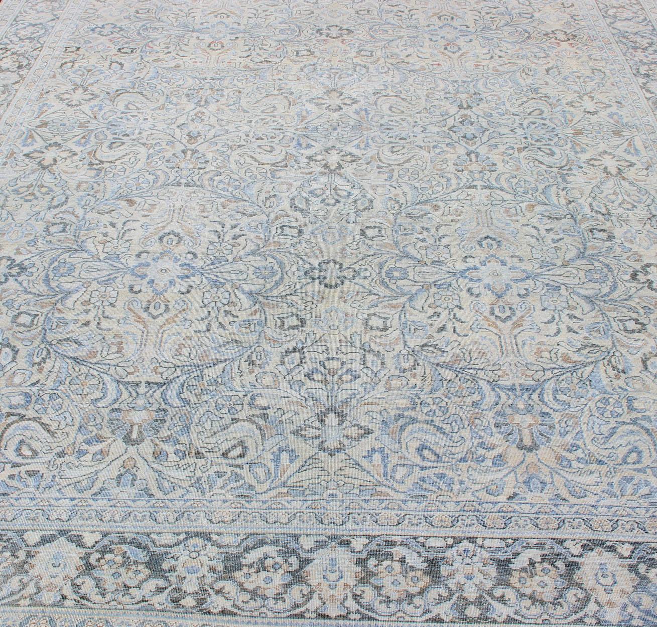 Antique Persian Mahal Rug with Sub Floral Design in Blue, Charcoal & Cream 2