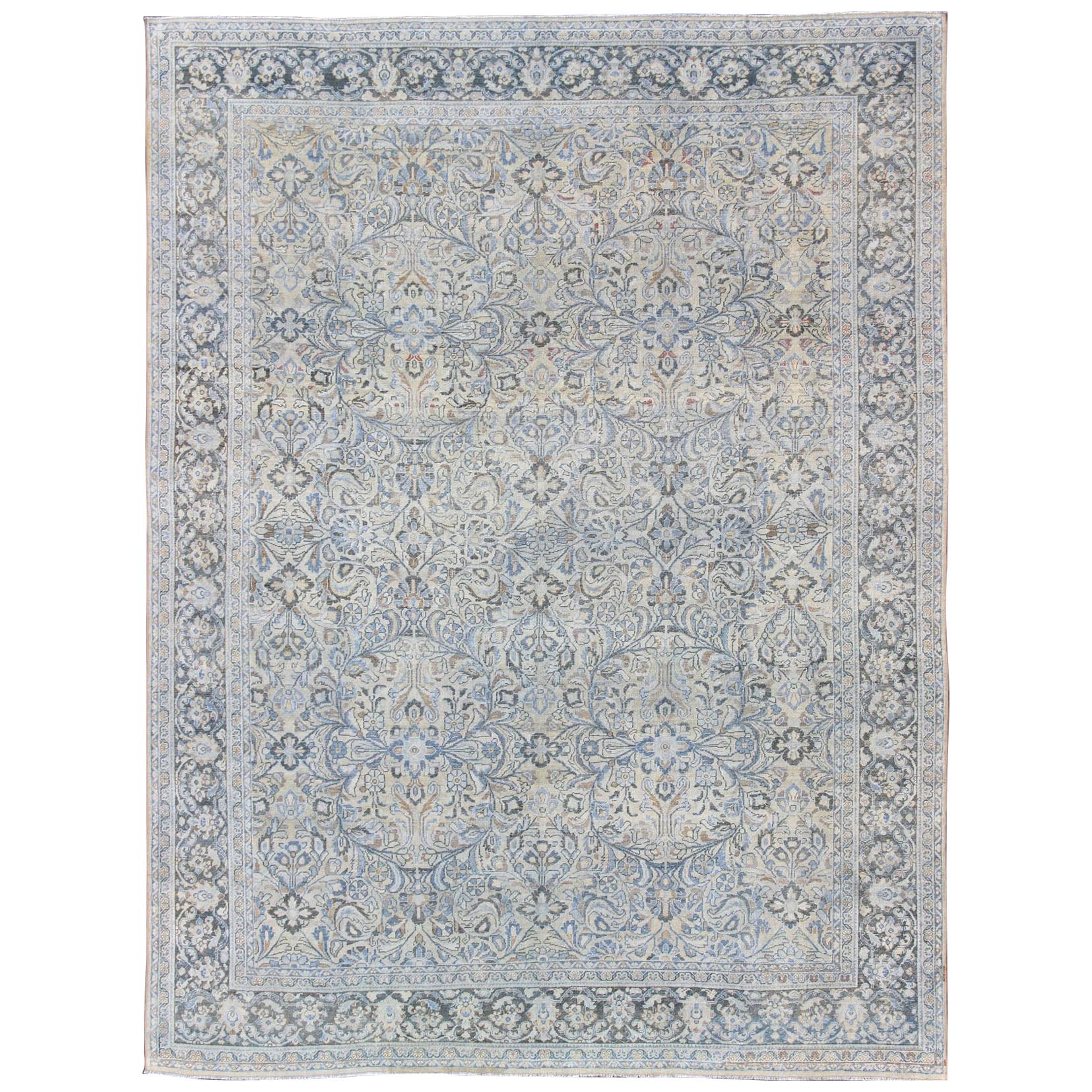 Antique Persian Mahal Rug with Sub Floral Design in Blue, Charcoal & Cream
