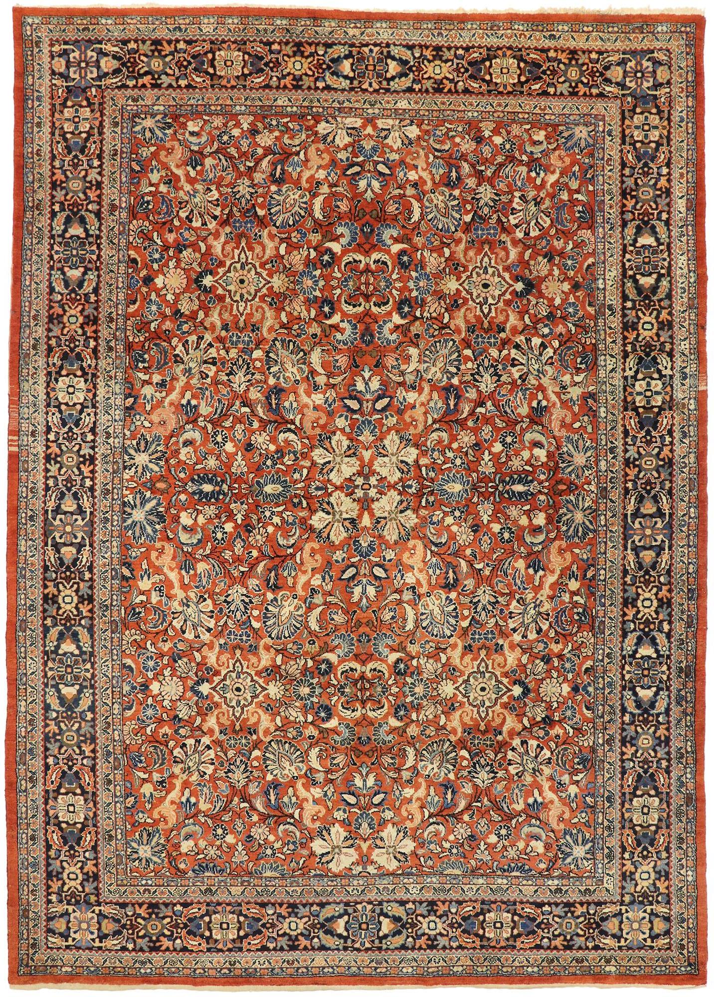 76710 Antique Persian Mahal Rug with Traditional Federal and American Colonial Style 10'02 x 14'04. Balancing traditional sensibility with a timeless floral design, this hand-knotted wool antique Persian Mahal rug beautifully embodies a classic