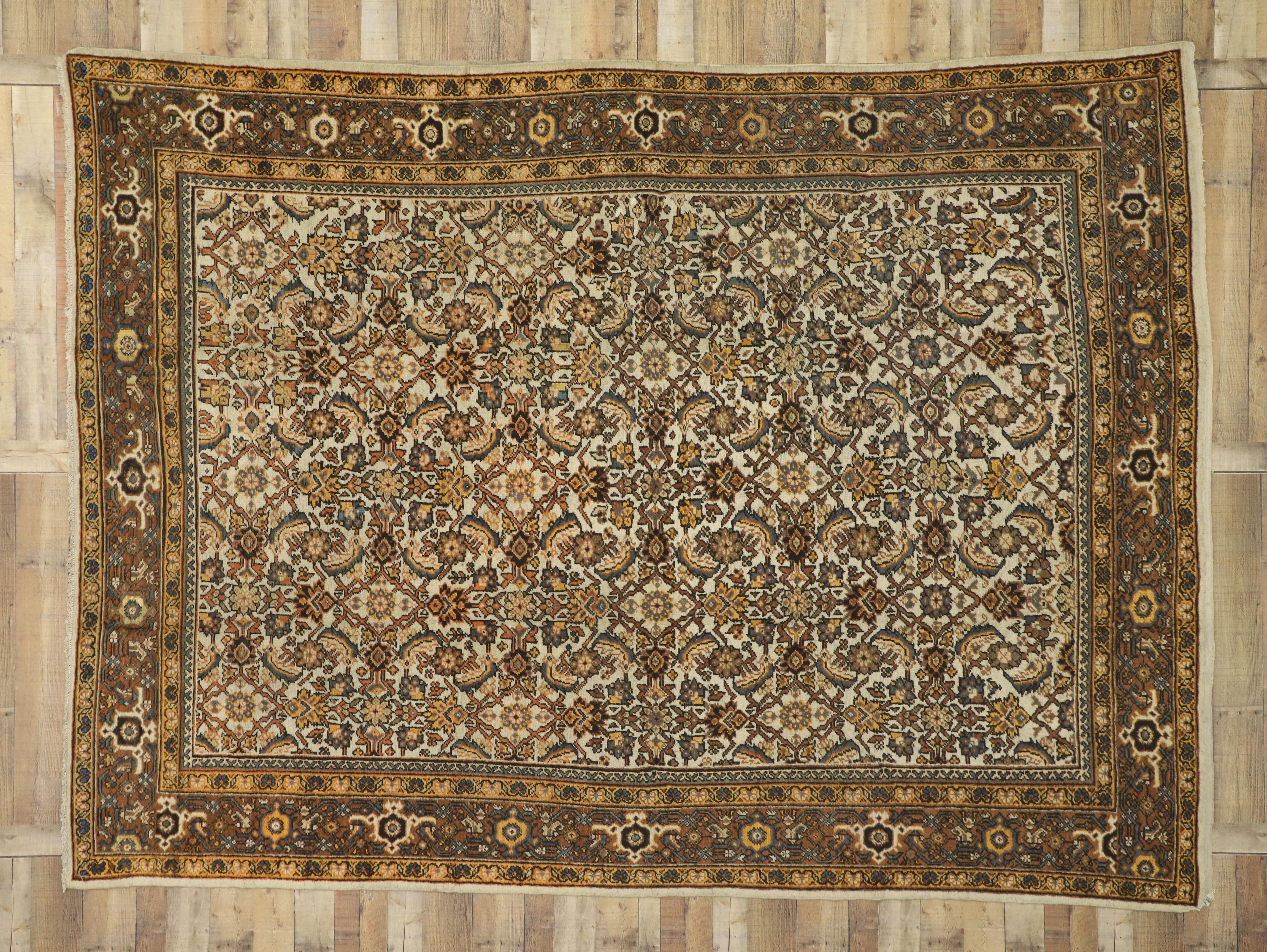 20th Century Antique Persian Mahal Rug with Herati Pattern and Rustic Arts & Crafts Style For Sale