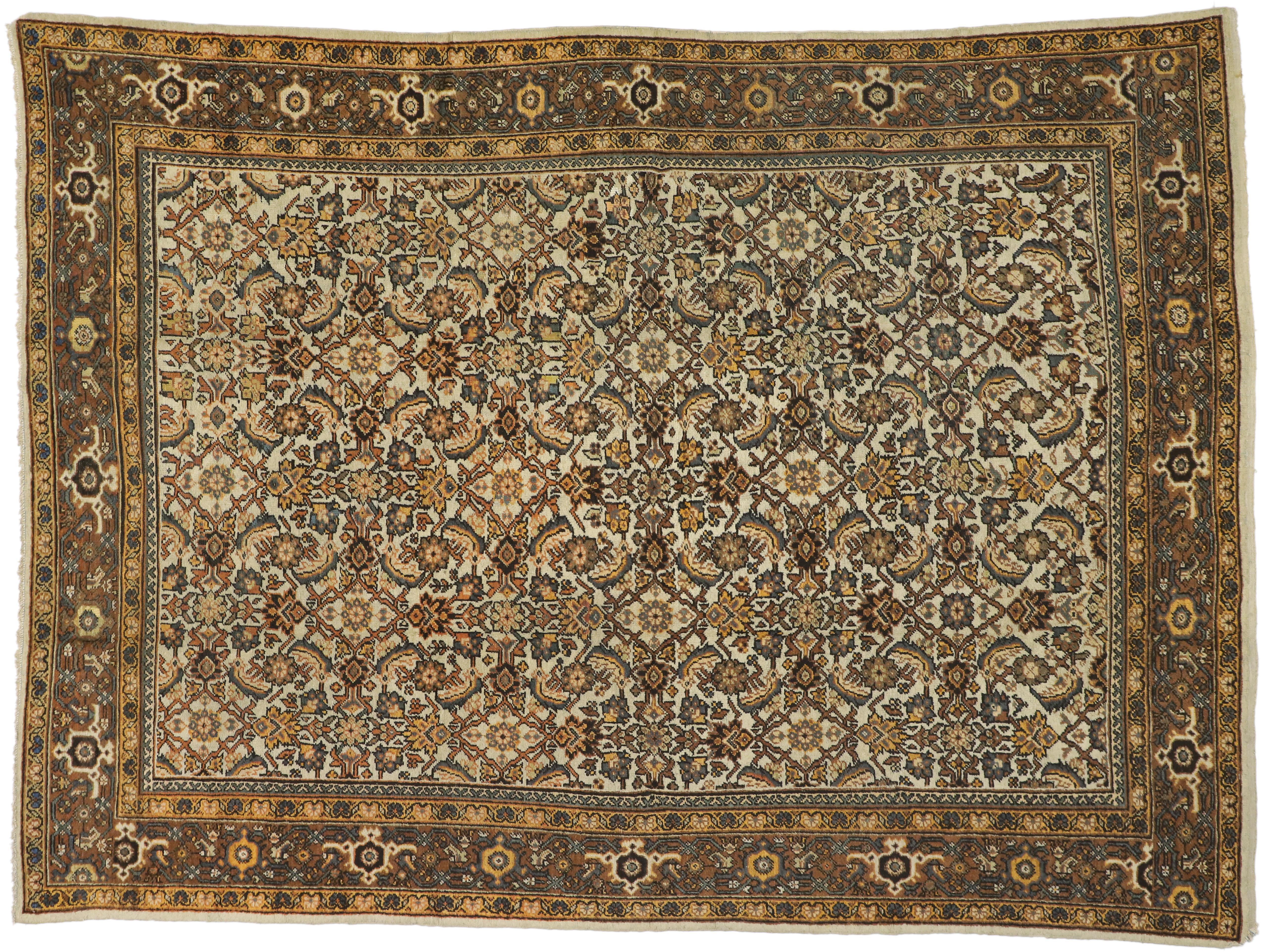 Wool Antique Persian Mahal Rug with Herati Pattern and Rustic Arts & Crafts Style For Sale