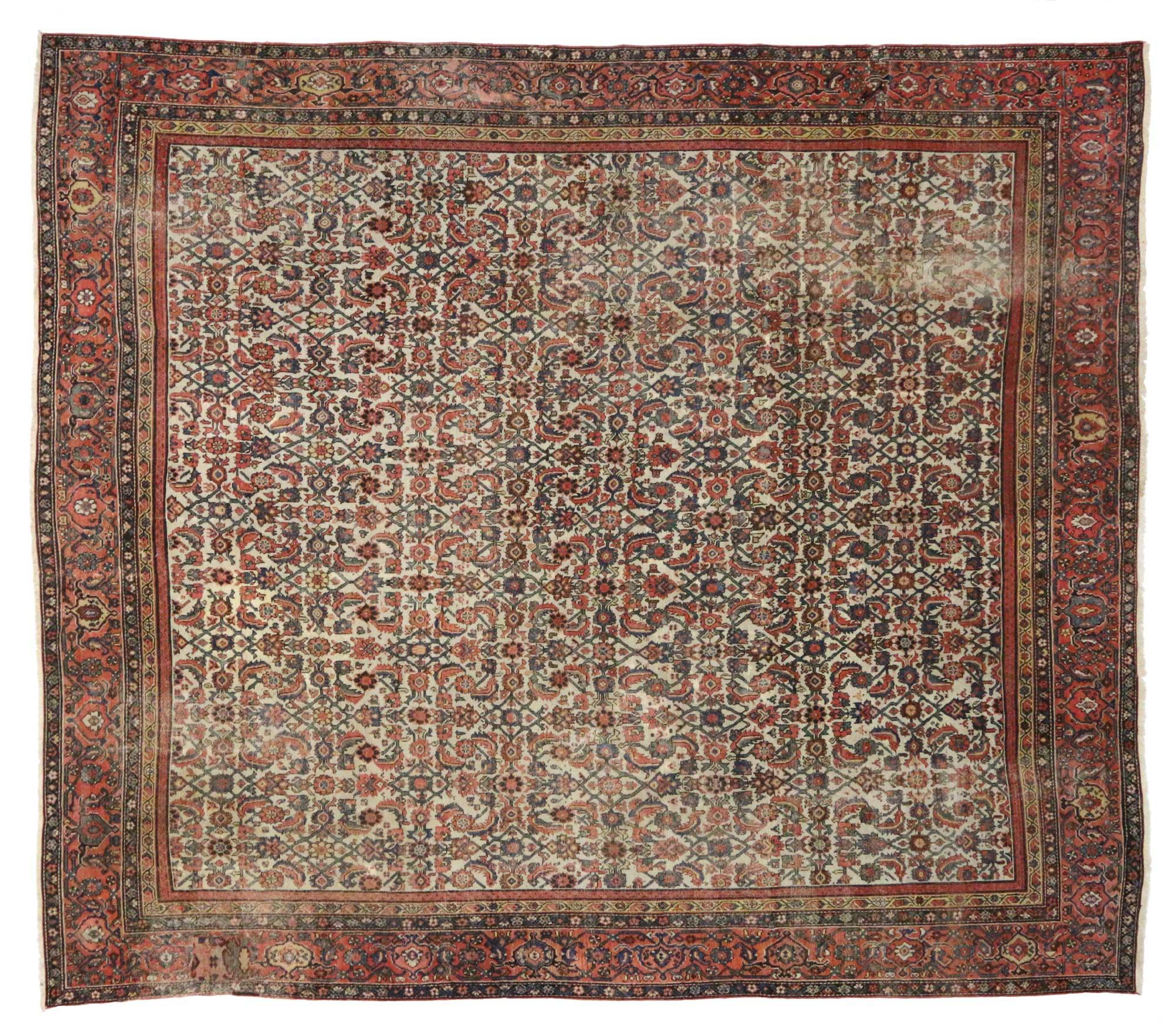 Late 19th Century Distressed Antique Persian Mahal Rug with Rustic English Style In Distressed Condition For Sale In Dallas, TX