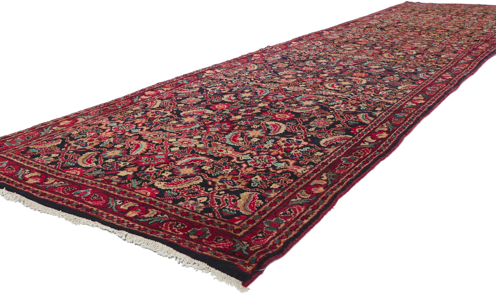 60964 Antique Persian Mahal Runner, 03'09 x 14'05. With its effortless beauty and timeless design, this hand knotted wool antique Persian Mahal carpet runner will take on a curated lived-in look that feels timeless while imparting a sense of warmth