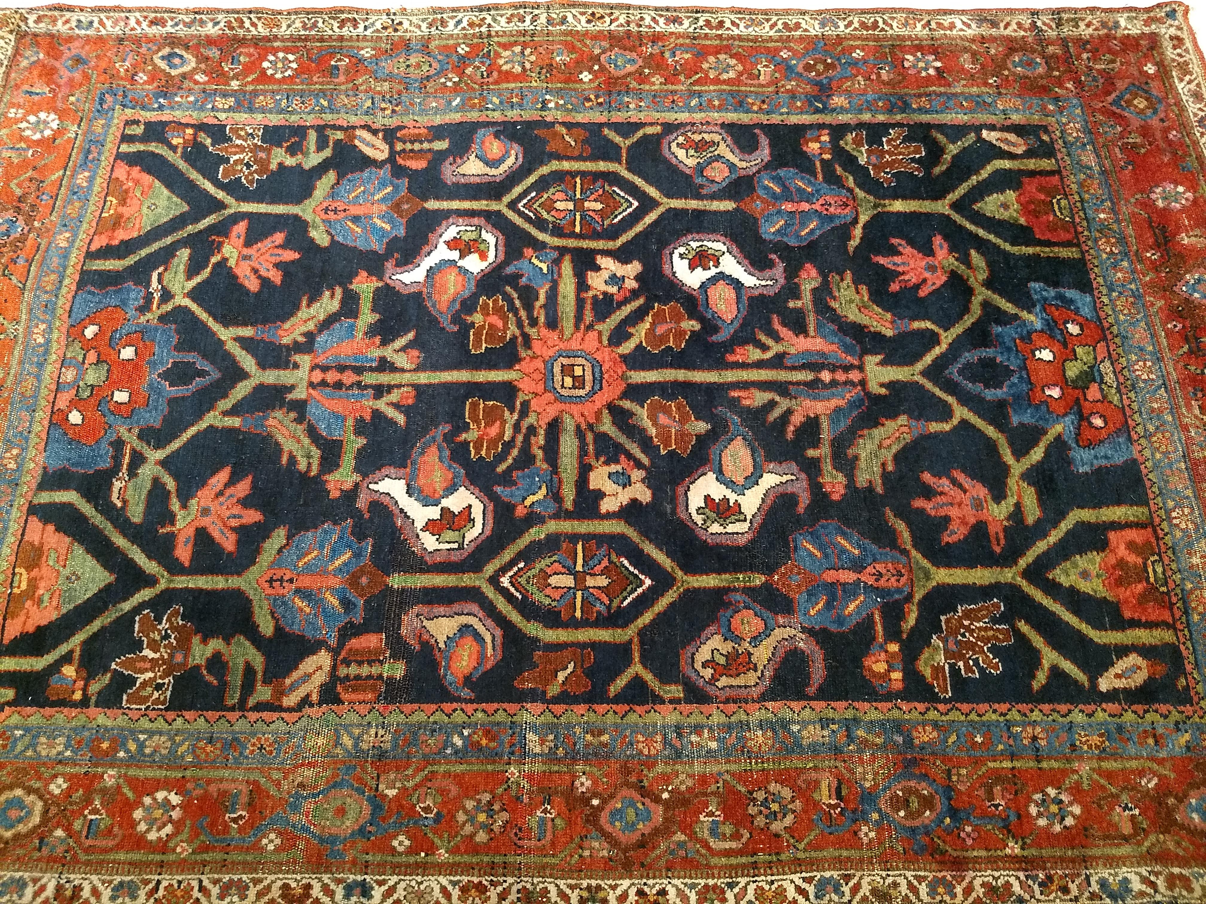 Vintage Persian Mahal Sultanabad Rug in Allover Pattern in Navy Blue, Green, Red For Sale 7