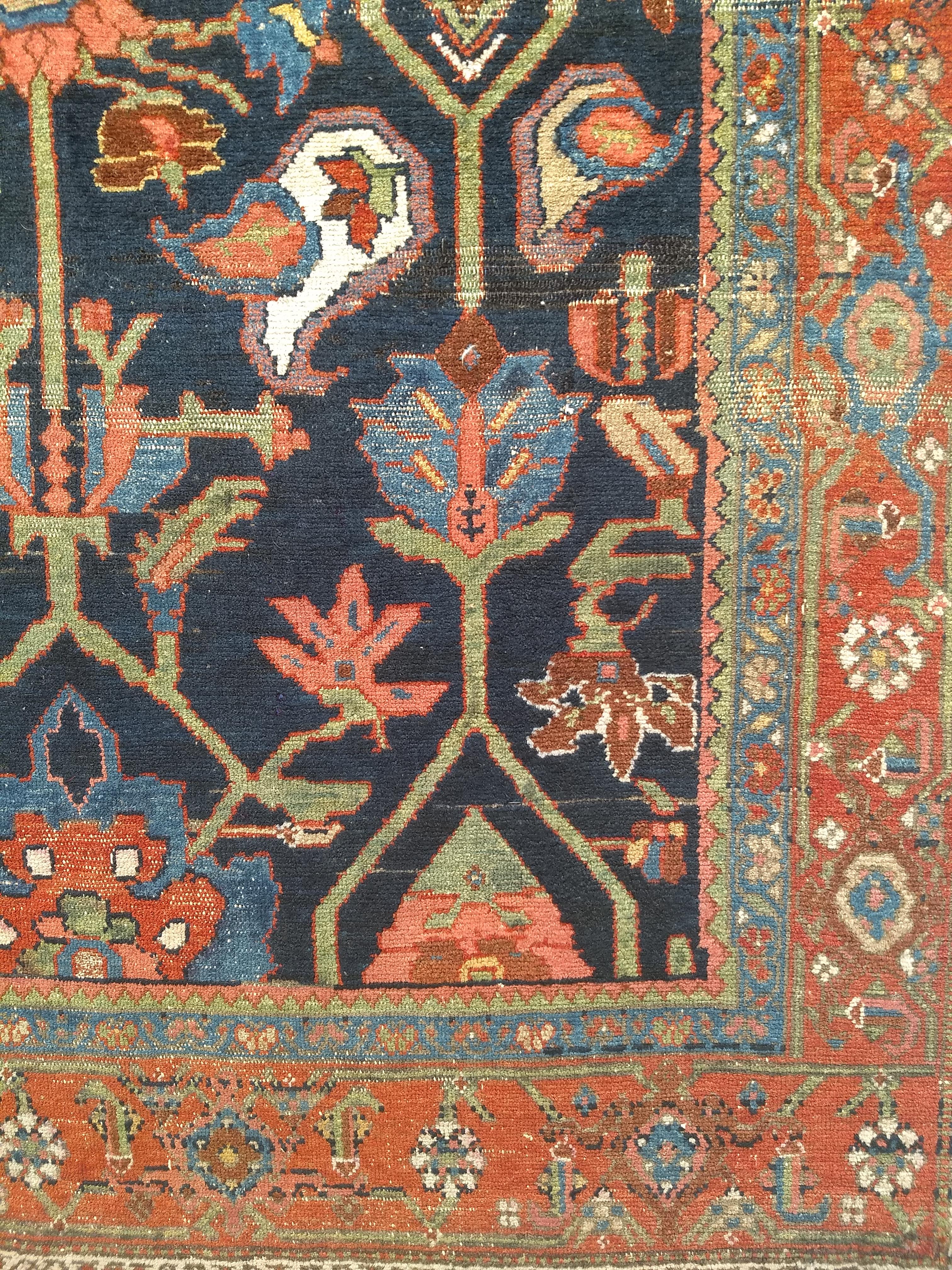 Cotton Vintage Persian Mahal Sultanabad Rug in Allover Pattern in Navy Blue, Green, Red For Sale