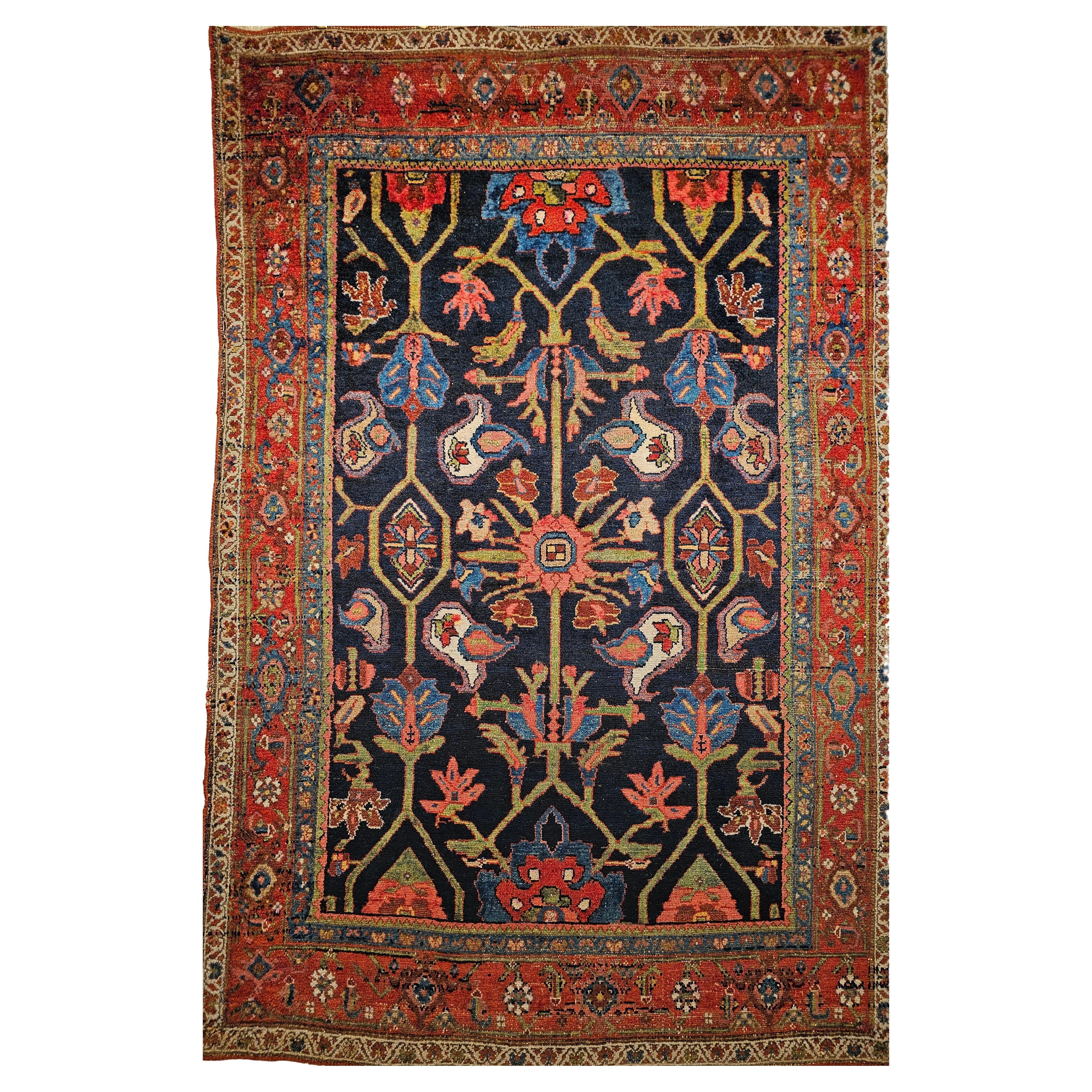 Vintage Persian Mahal Sultanabad Rug in Allover Pattern in Navy Blue, Green, Red