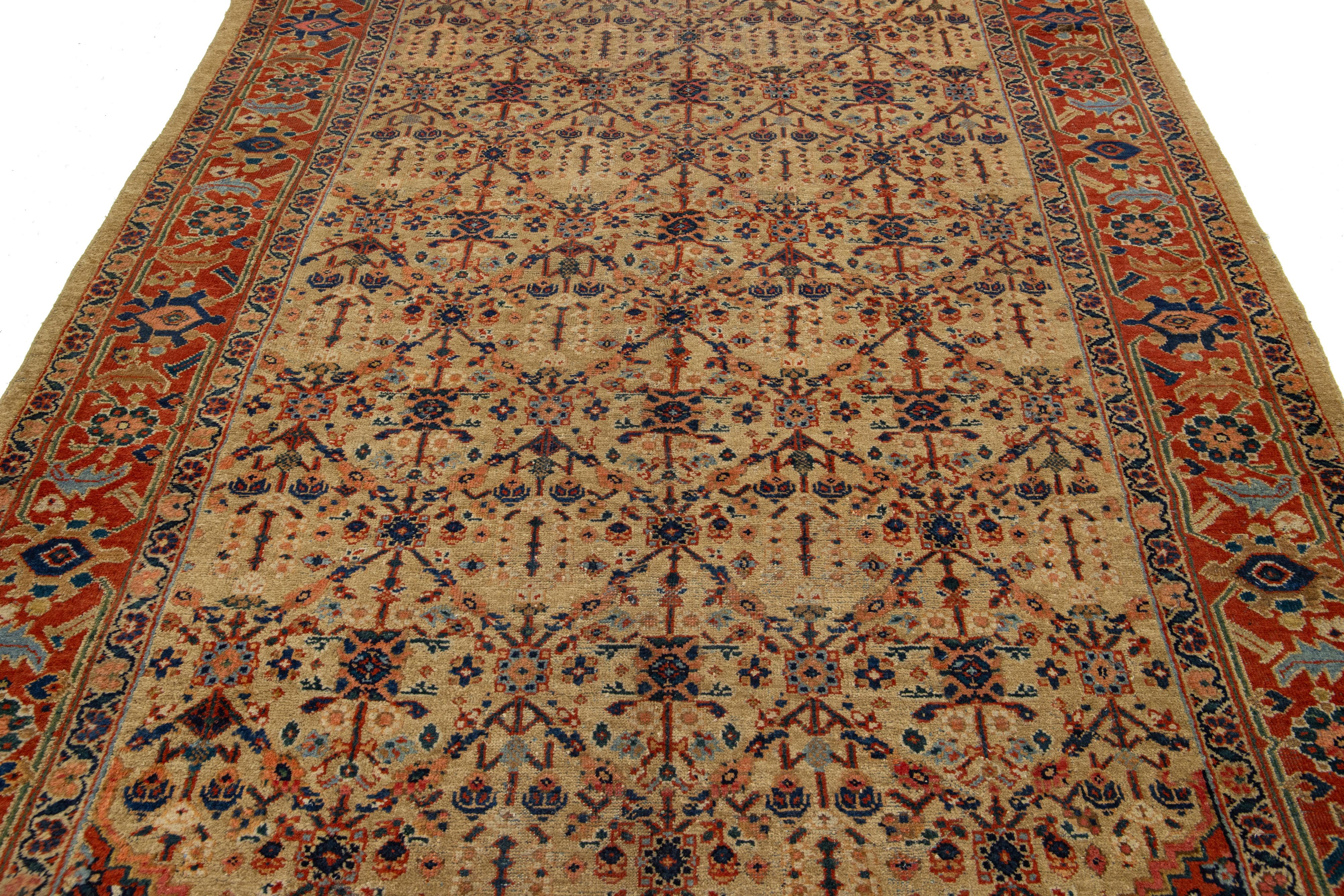 Laine Ancien tapis persan Mahal en laine brun clair fait à la main avec motif sur toute la surface en vente