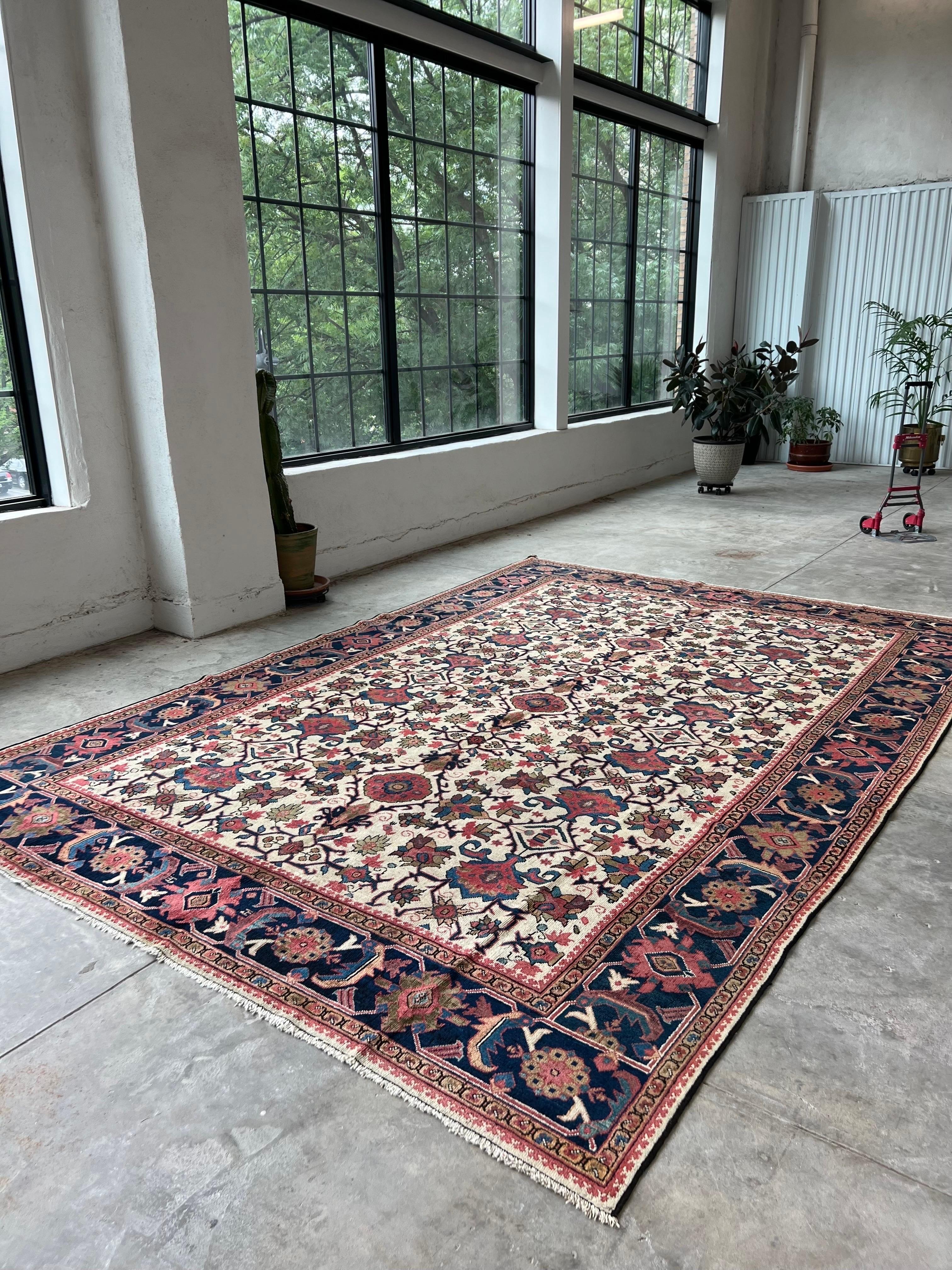 Antique Persian Mahal rug with Ivory, Pink, All-Over Pattern, hand knotted wool For Sale 4