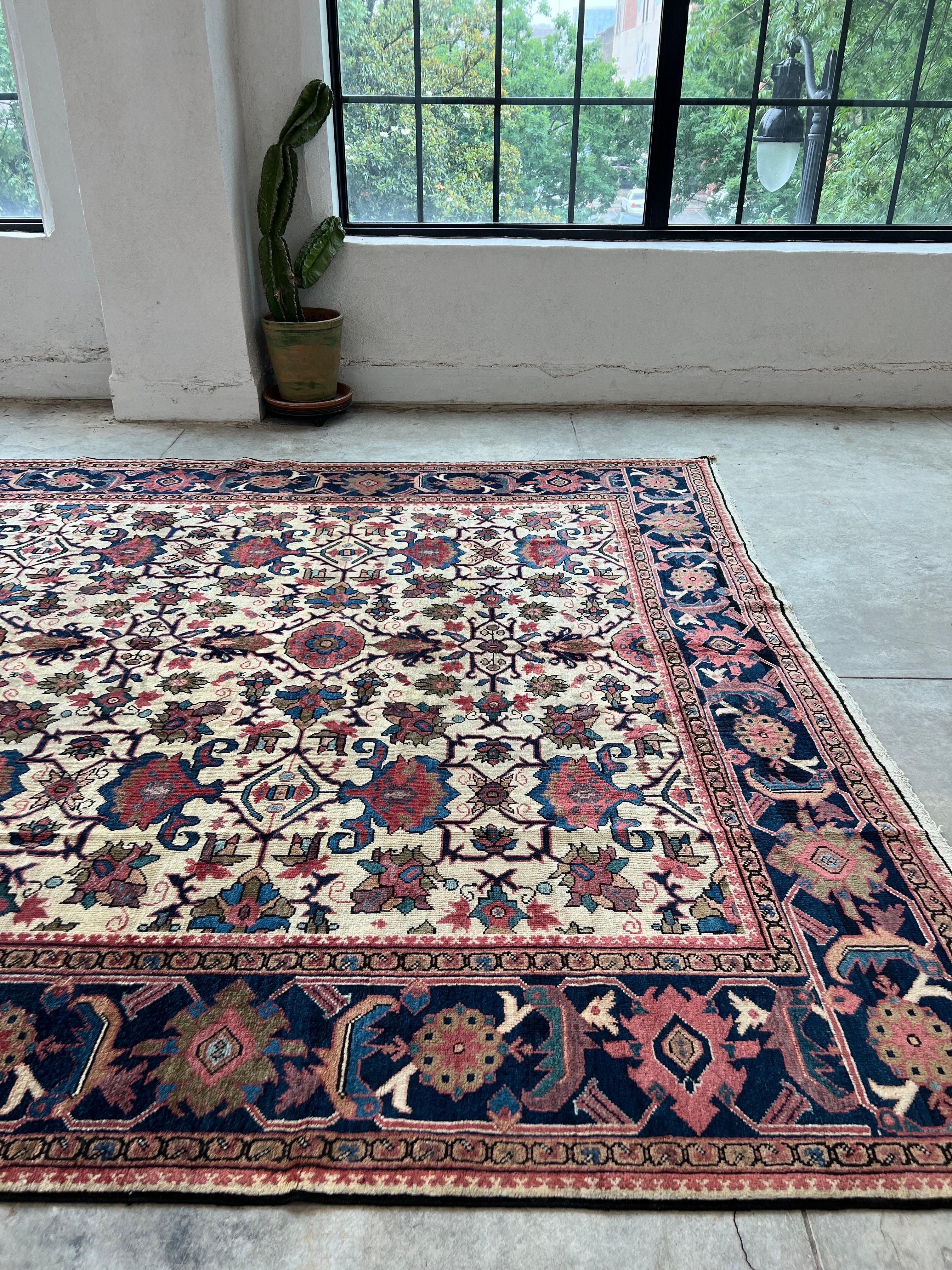 Antique Persian Mahal rug with Ivory, Pink, All-Over Pattern, hand knotted wool For Sale 8