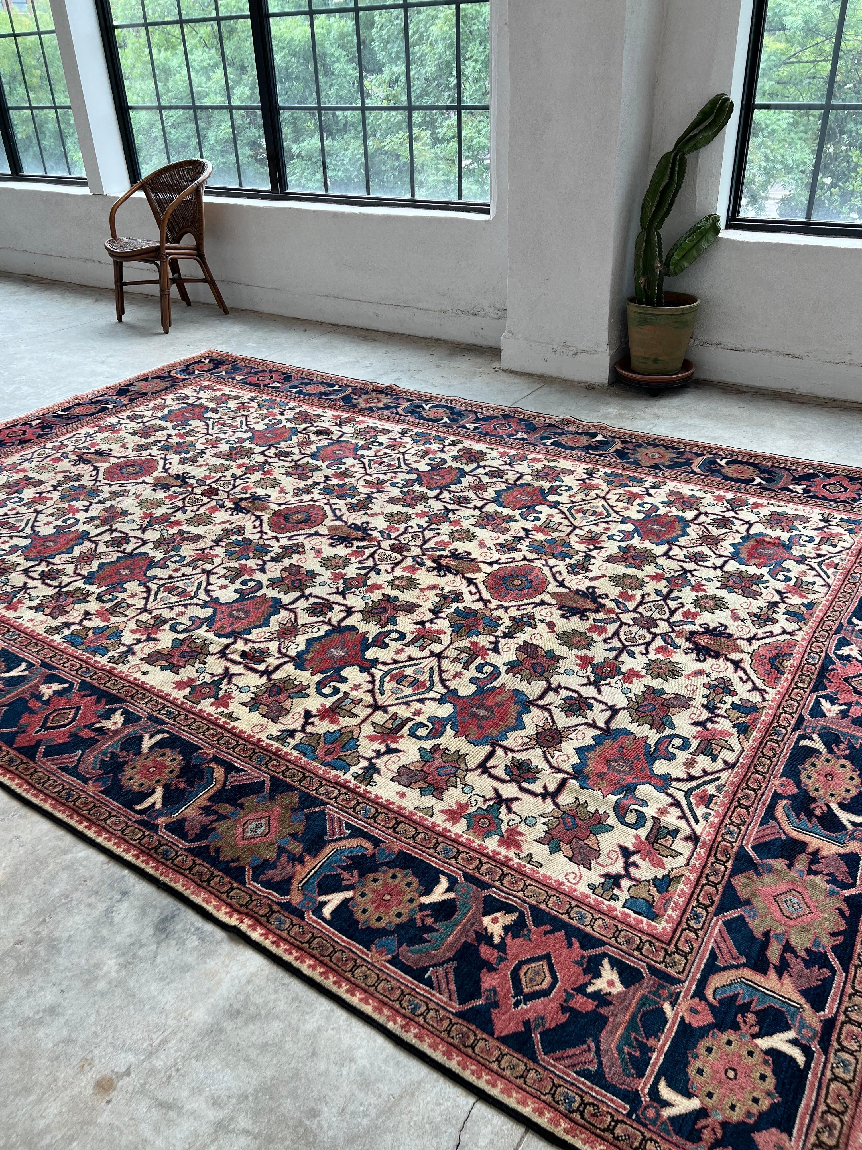 Hand-Knotted Antique Persian Mahal rug with Ivory, Pink, All-Over Pattern, hand knotted wool For Sale