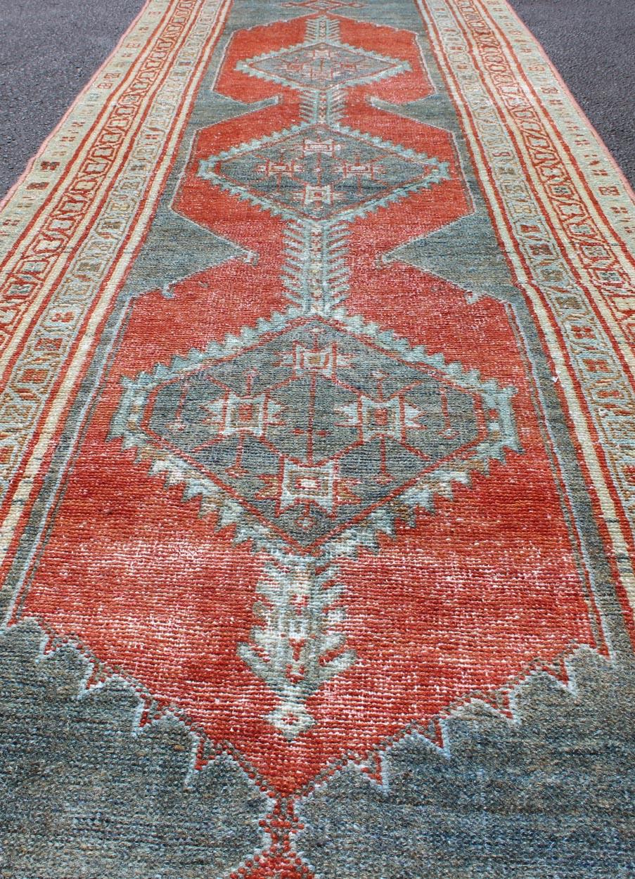 Hand-Knotted Antique Persian Serab with Tri-Medallion Geometric Design in Red and Steel Blue