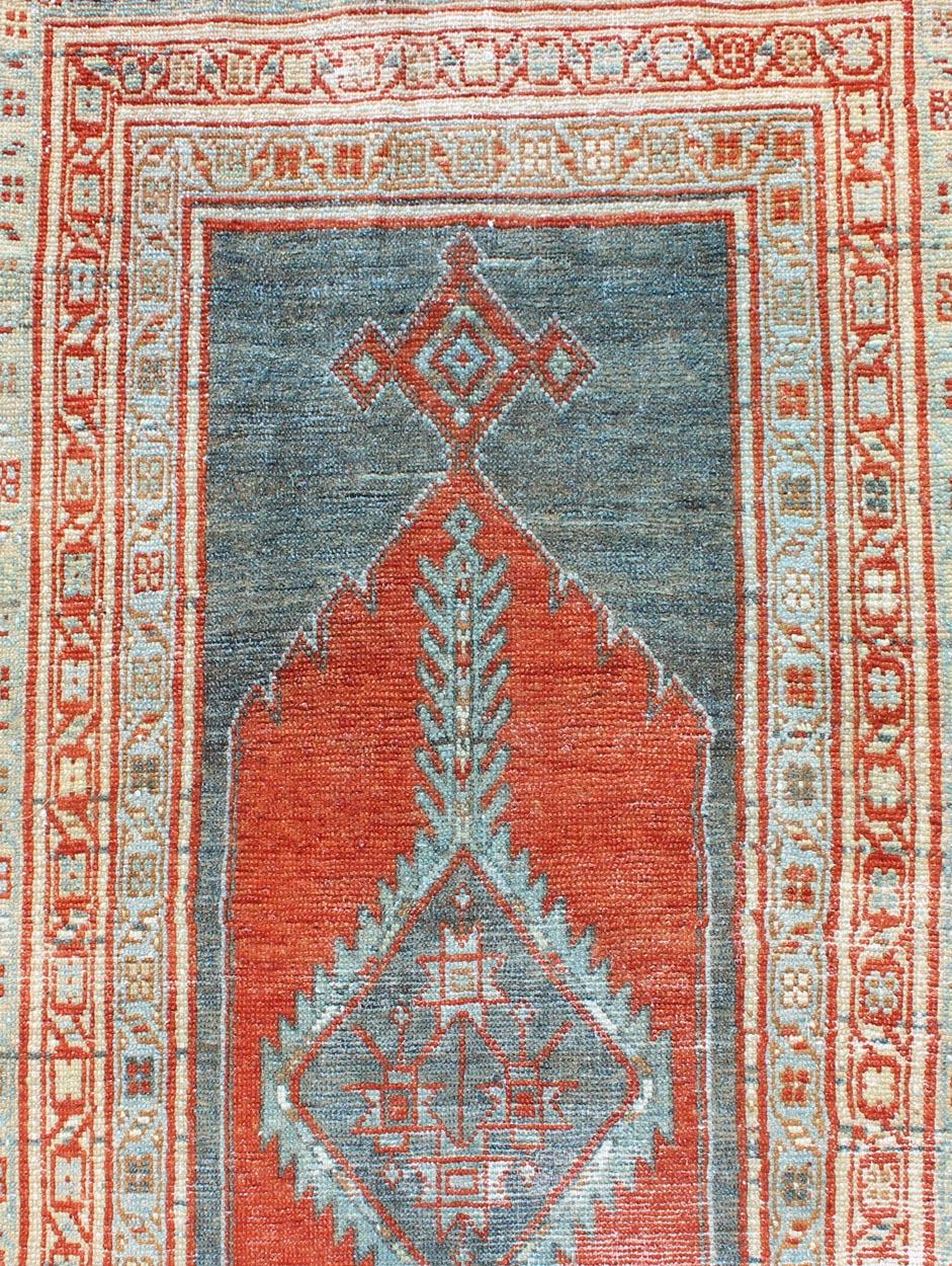 Early 20th Century Antique Persian Serab with Tri-Medallion Geometric Design in Red and Steel Blue