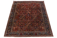 Antique Persian Mahal Wool Rug– Floral Allover Pattern– Red & Navy – 9 x 13