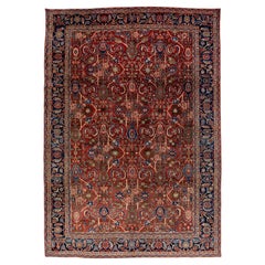 Antique Persian Mahal Wool Rug– Floral Allover Pattern– Red & Navy – 9 x 13