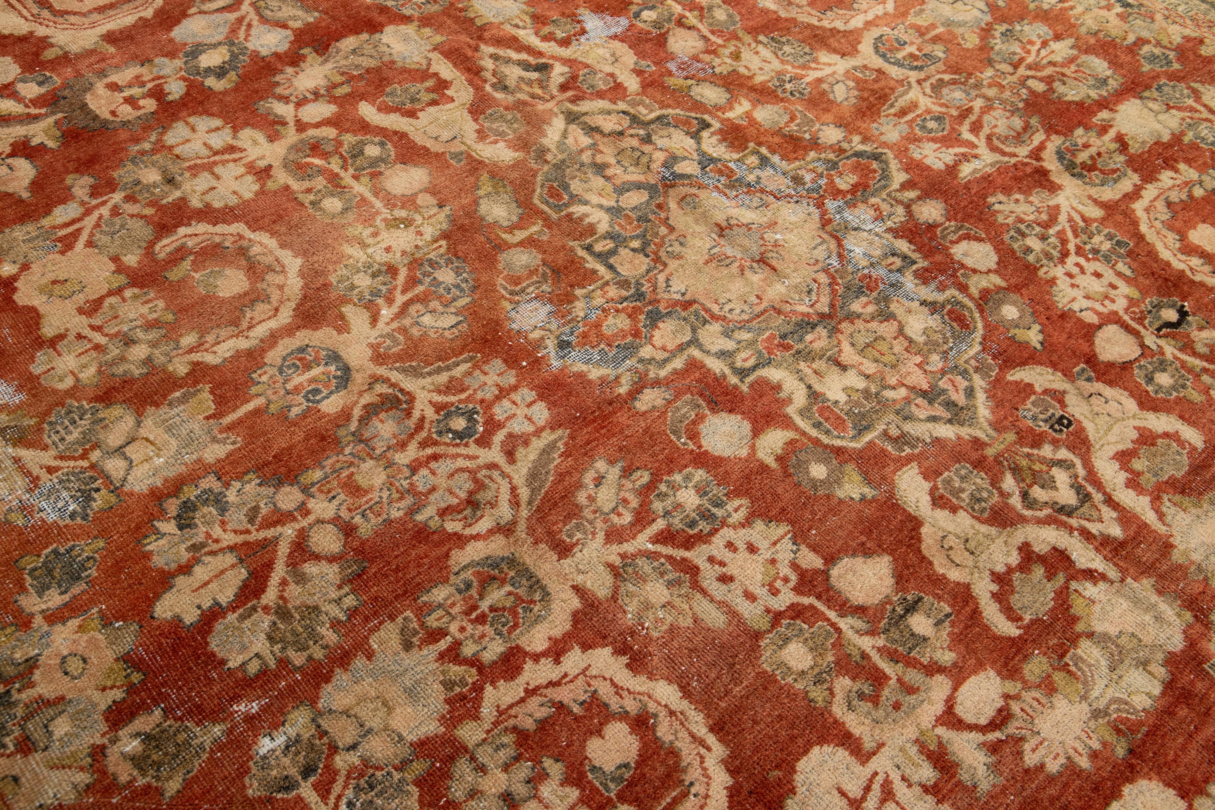 Antique Persian Mahal Wool Rug In Rust Color with Floral Design For Sale 4