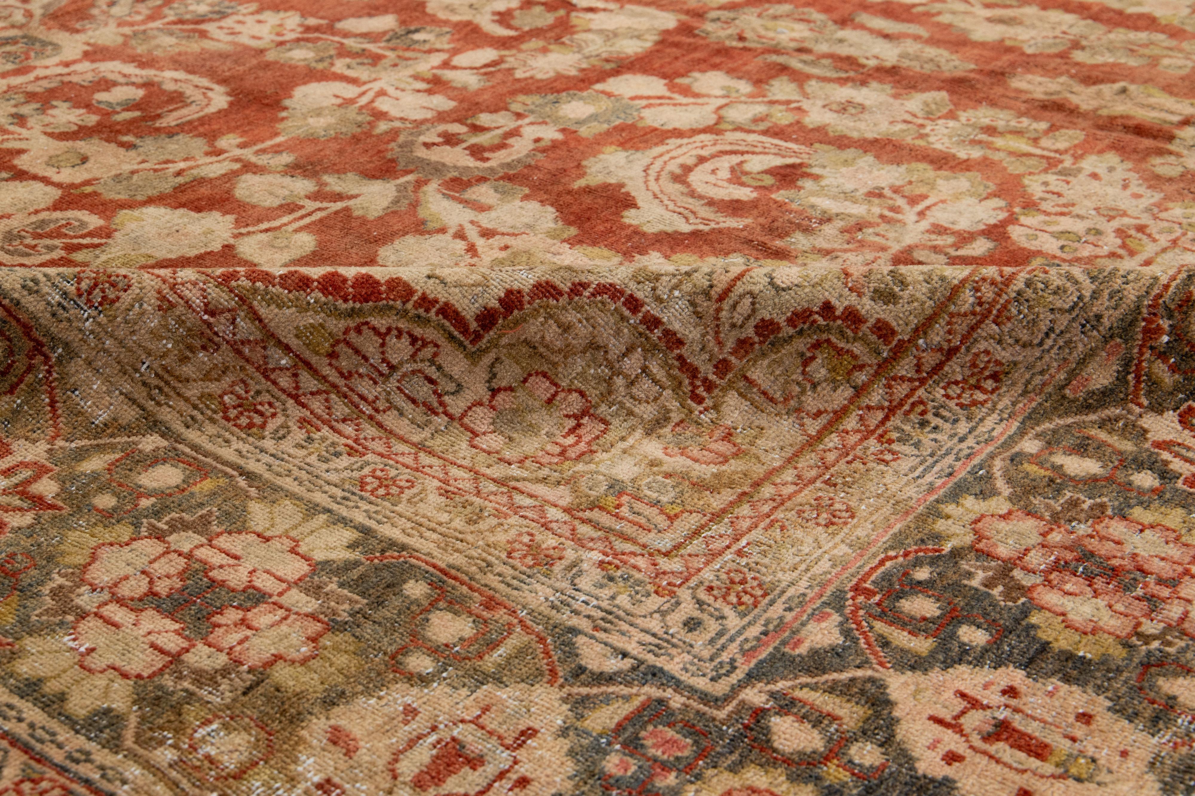 Antique Persian Mahal Wool Rug In Rust Color with Floral Design For Sale 5