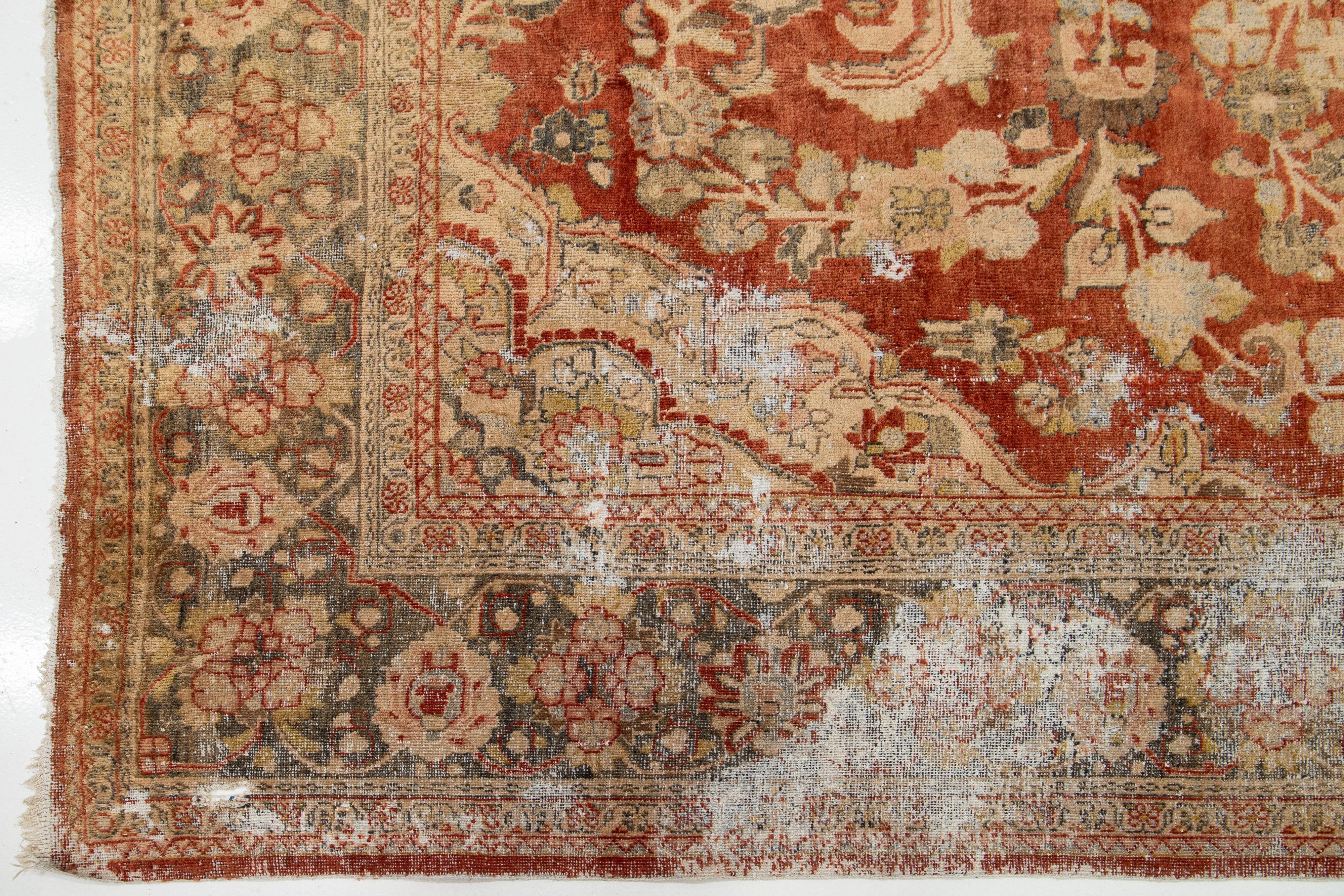 Antique Persian Mahal Wool Rug In Rust Color with Floral Design For Sale 7