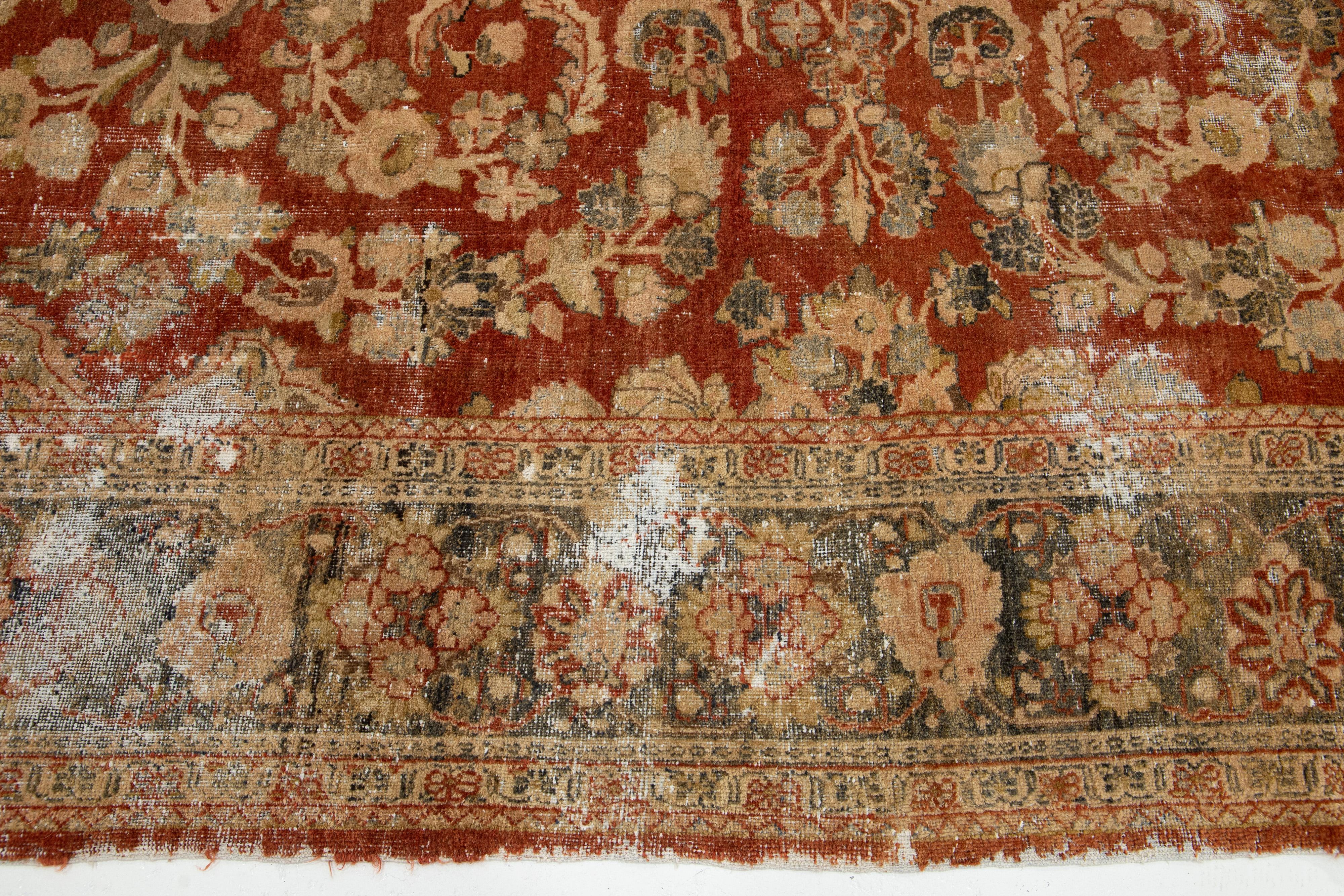 Antique Persian Mahal Wool Rug In Rust Color with Floral Design For Sale 8
