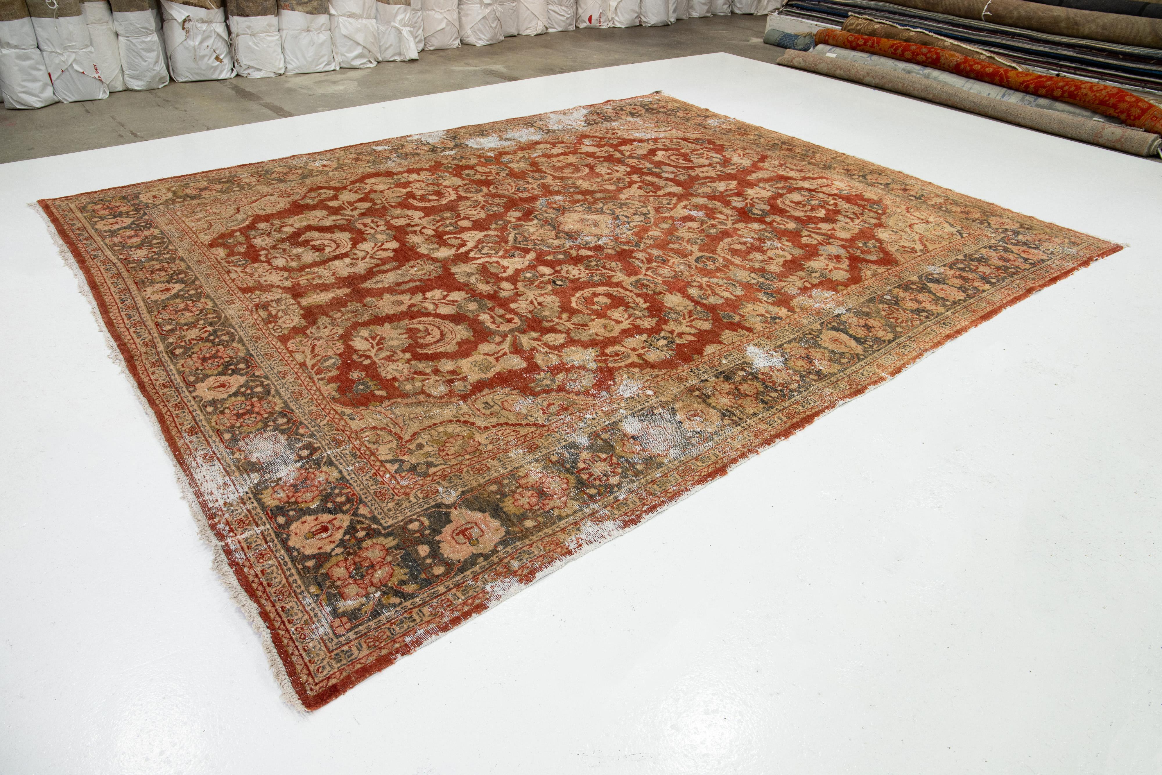 Hand-Knotted Antique Persian Mahal Wool Rug In Rust Color with Floral Design For Sale