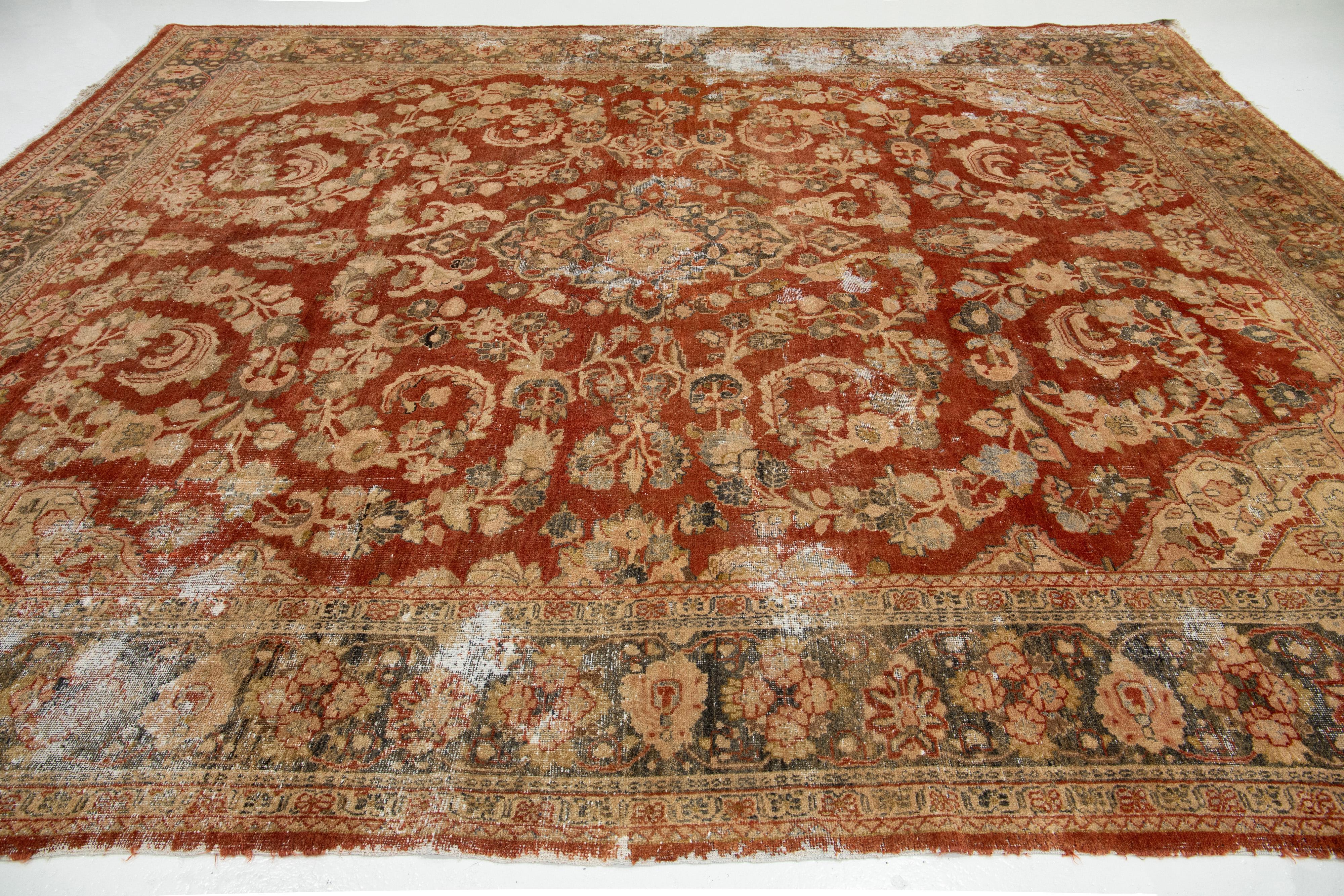 20th Century Antique Persian Mahal Wool Rug In Rust Color with Floral Design For Sale