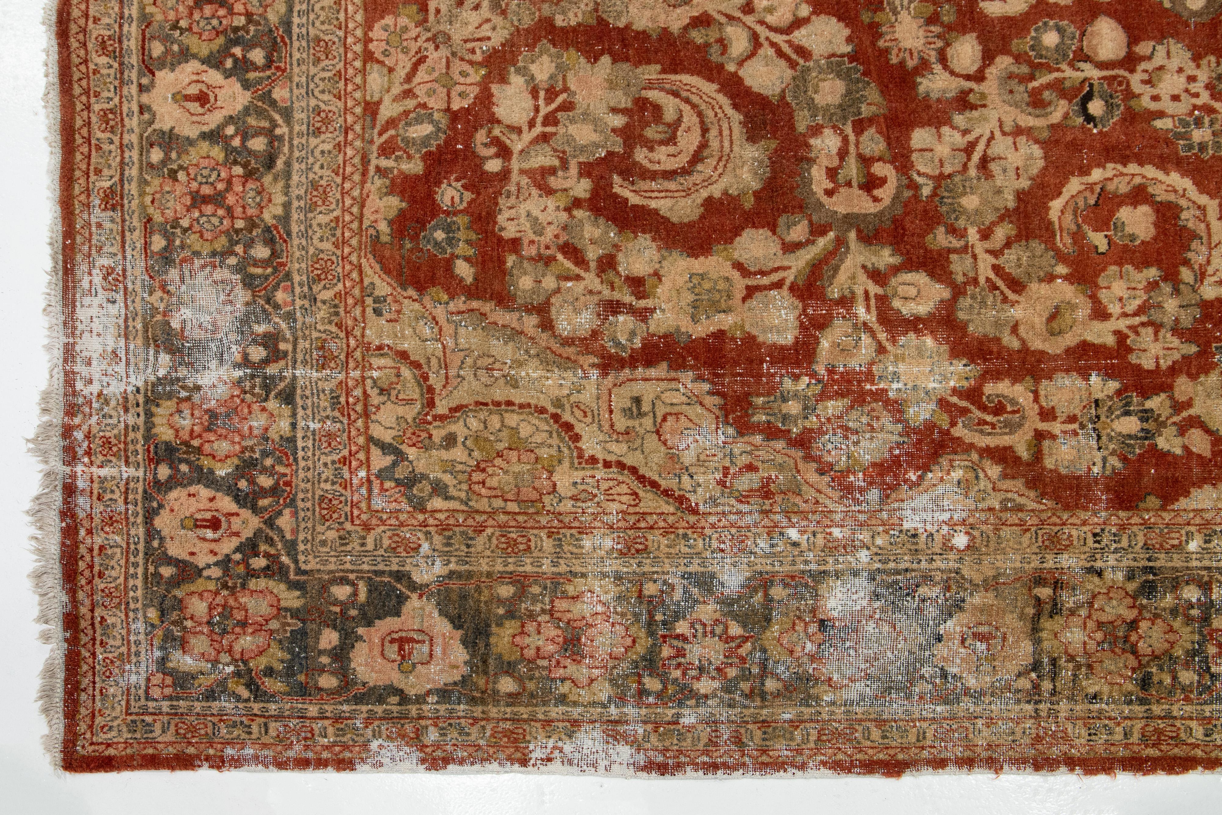 Antique Persian Mahal Wool Rug In Rust Color with Floral Design For Sale 1