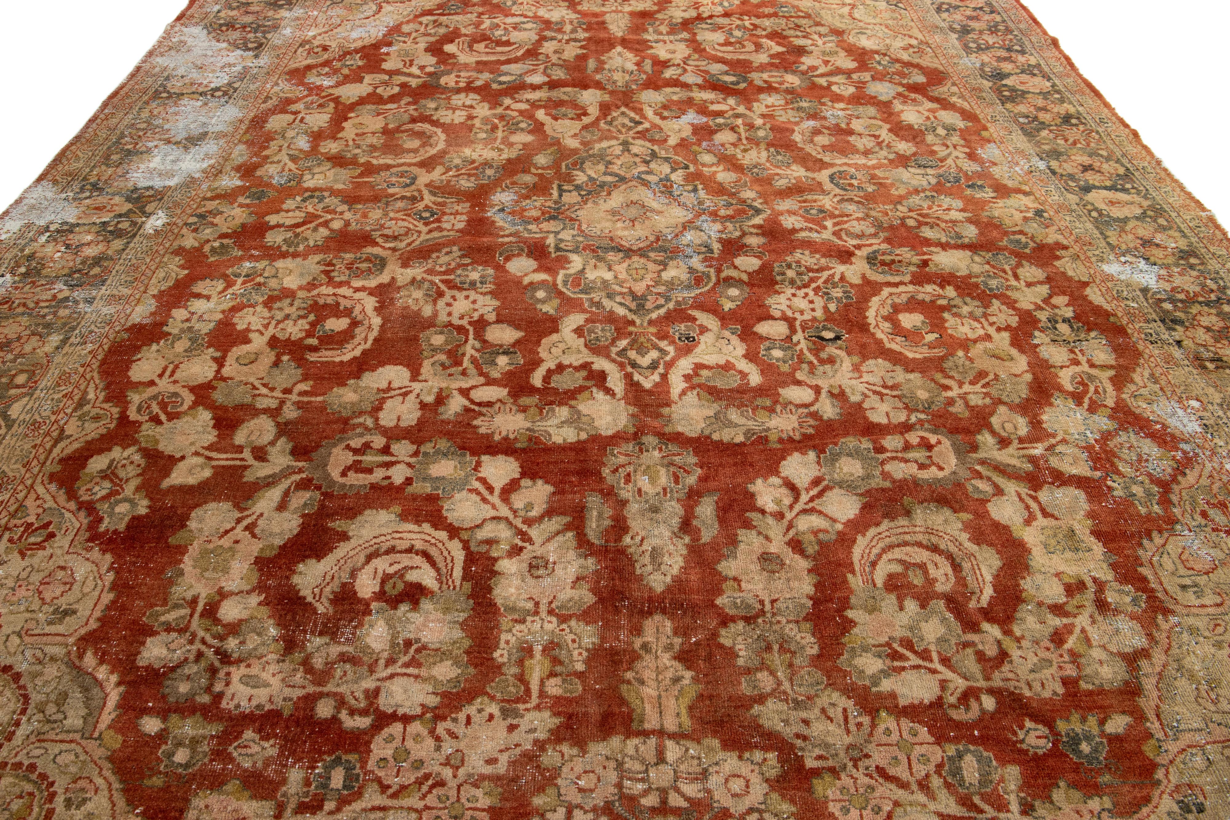Antique Persian Mahal Wool Rug In Rust Color with Floral Design For Sale 2