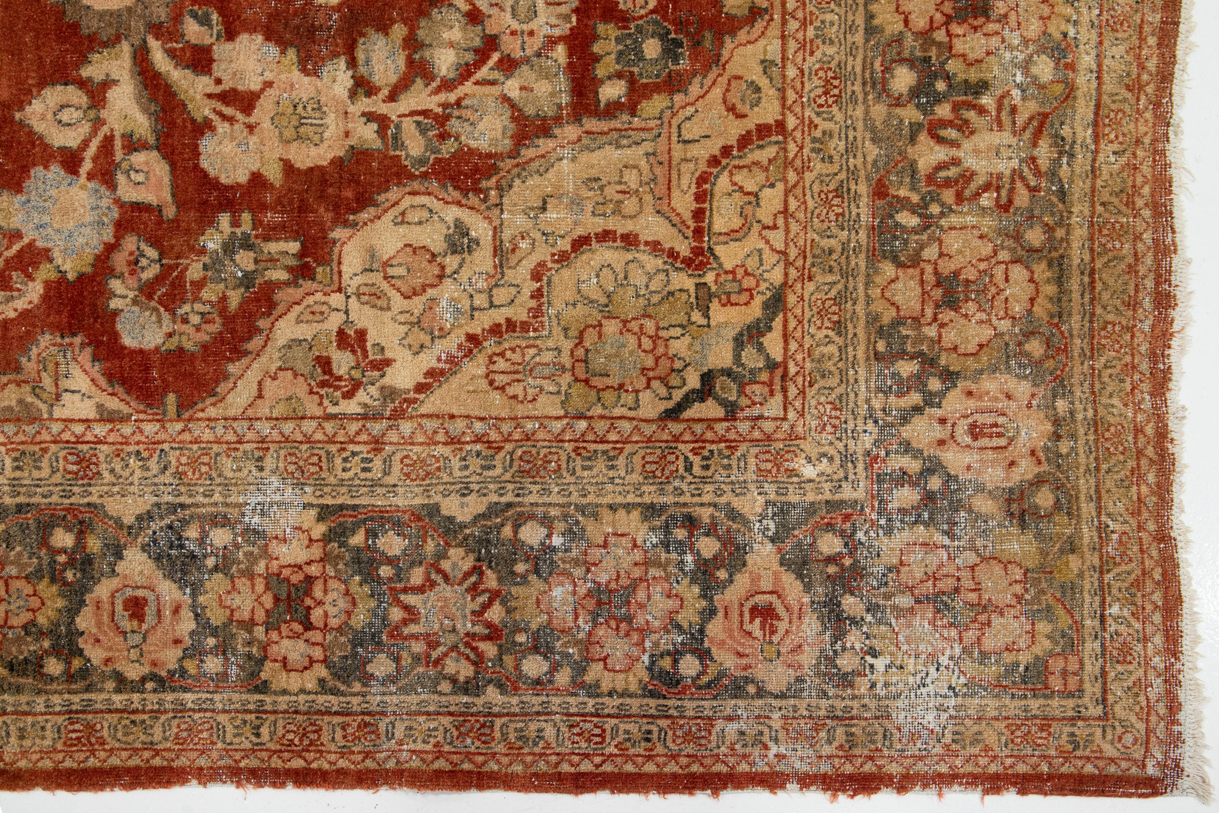 Antique Persian Mahal Wool Rug In Rust Color with Floral Design For Sale 3