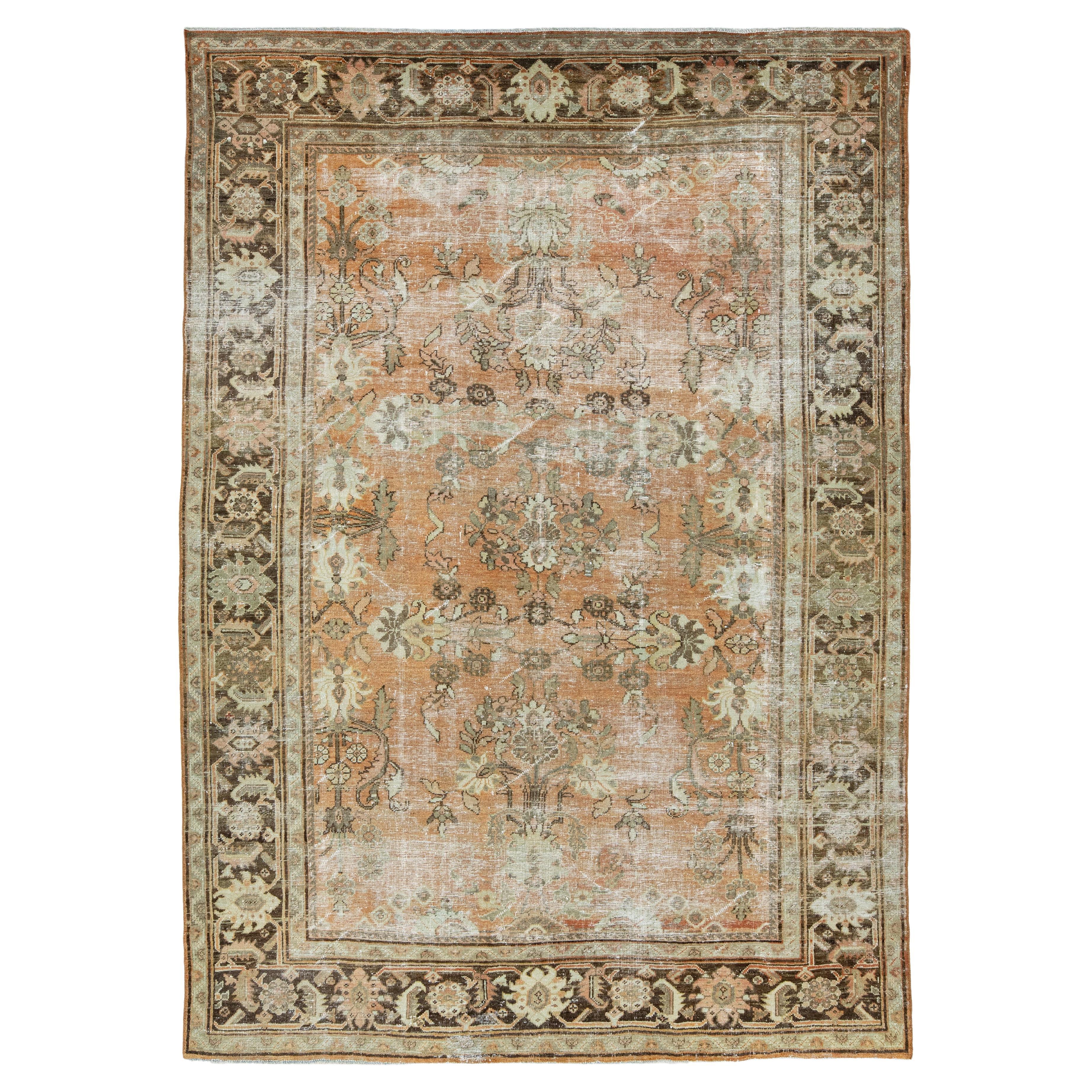 Antique Persian Mahal Wool Rug In Terracotta Color with Floral Design