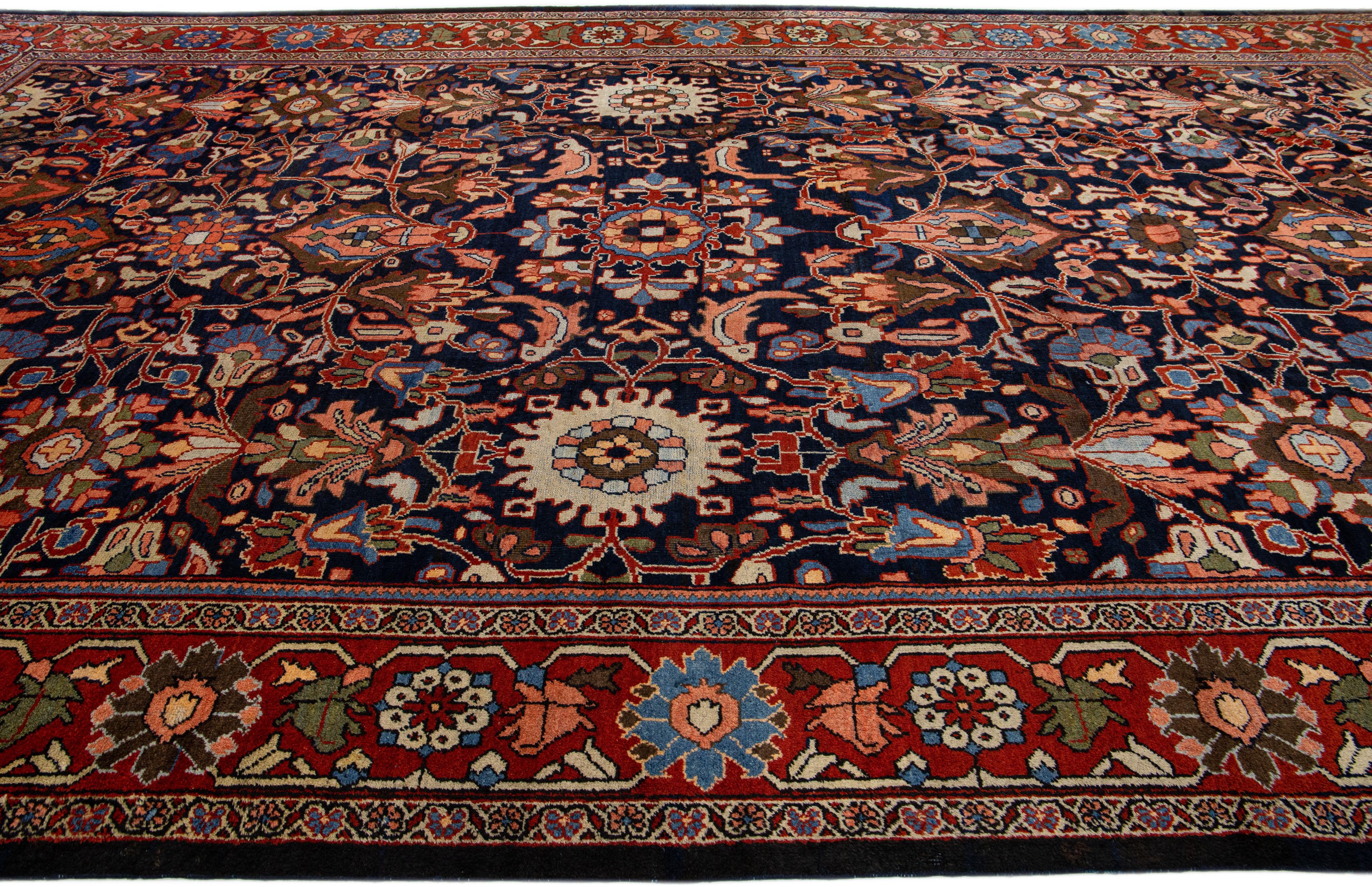Hand-Knotted Antique Persian Mahal Wool Rug with Allover Floral Motif in Blue For Sale