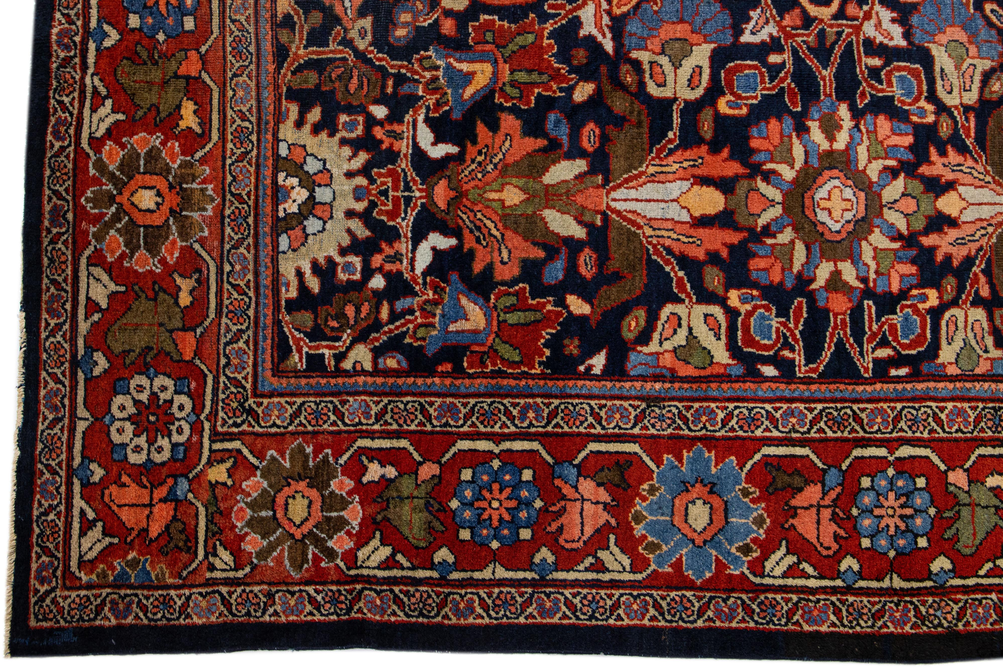 Antique Persian Mahal Wool Rug with Allover Floral Motif in Blue In Good Condition For Sale In Norwalk, CT