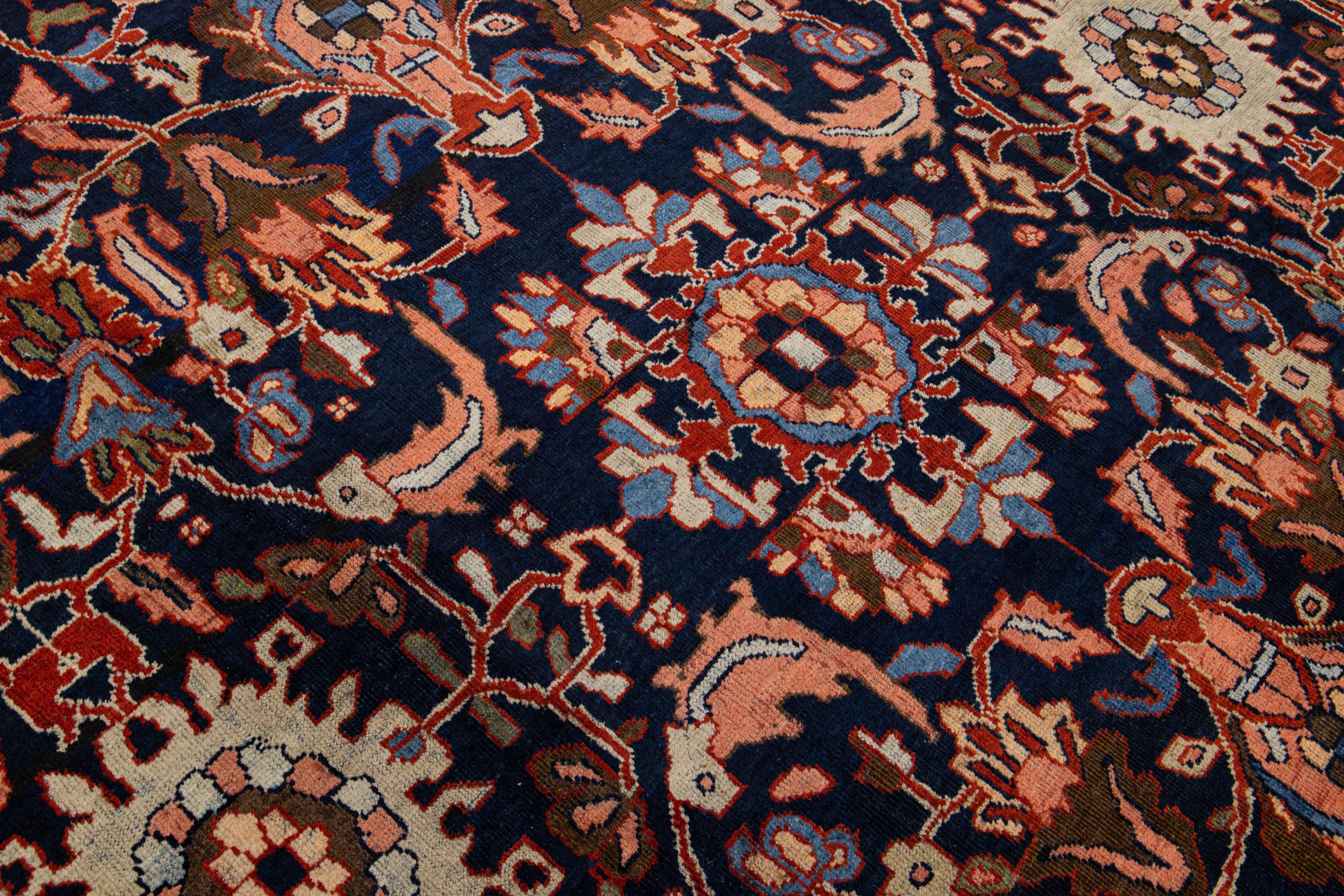 19th Century Antique Persian Mahal Wool Rug with Allover Floral Motif in Blue For Sale