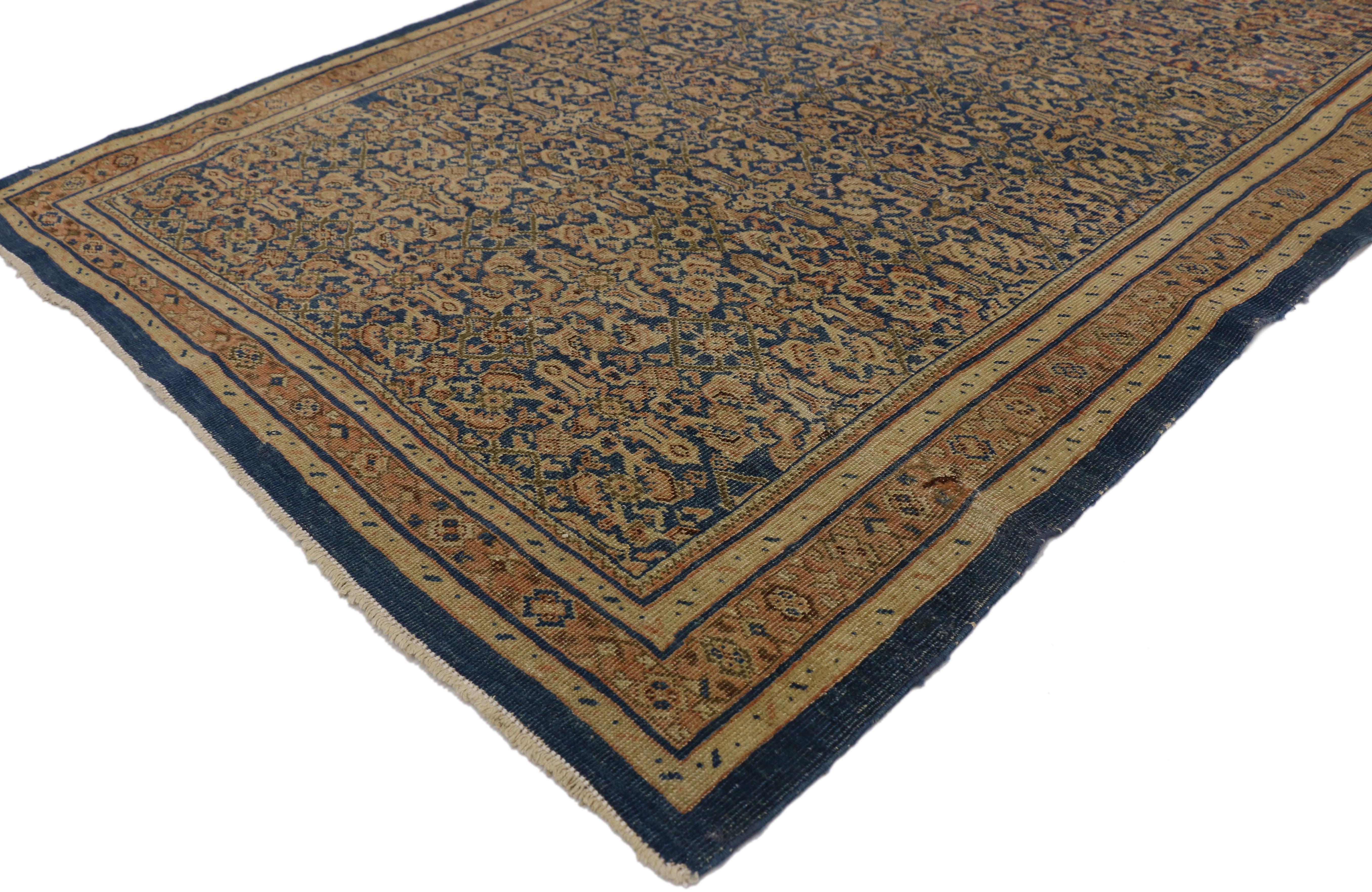 ?73088 Late 19th Century Antique Persian Mahal Ziegler Sultanabad rug with Modern Rustic Italian Cottage style 04'04 x 06'05. Displaying deep blues and warm earth-tone colors inspired by Italy combined with cozy simplicity, this hand-knotted wool