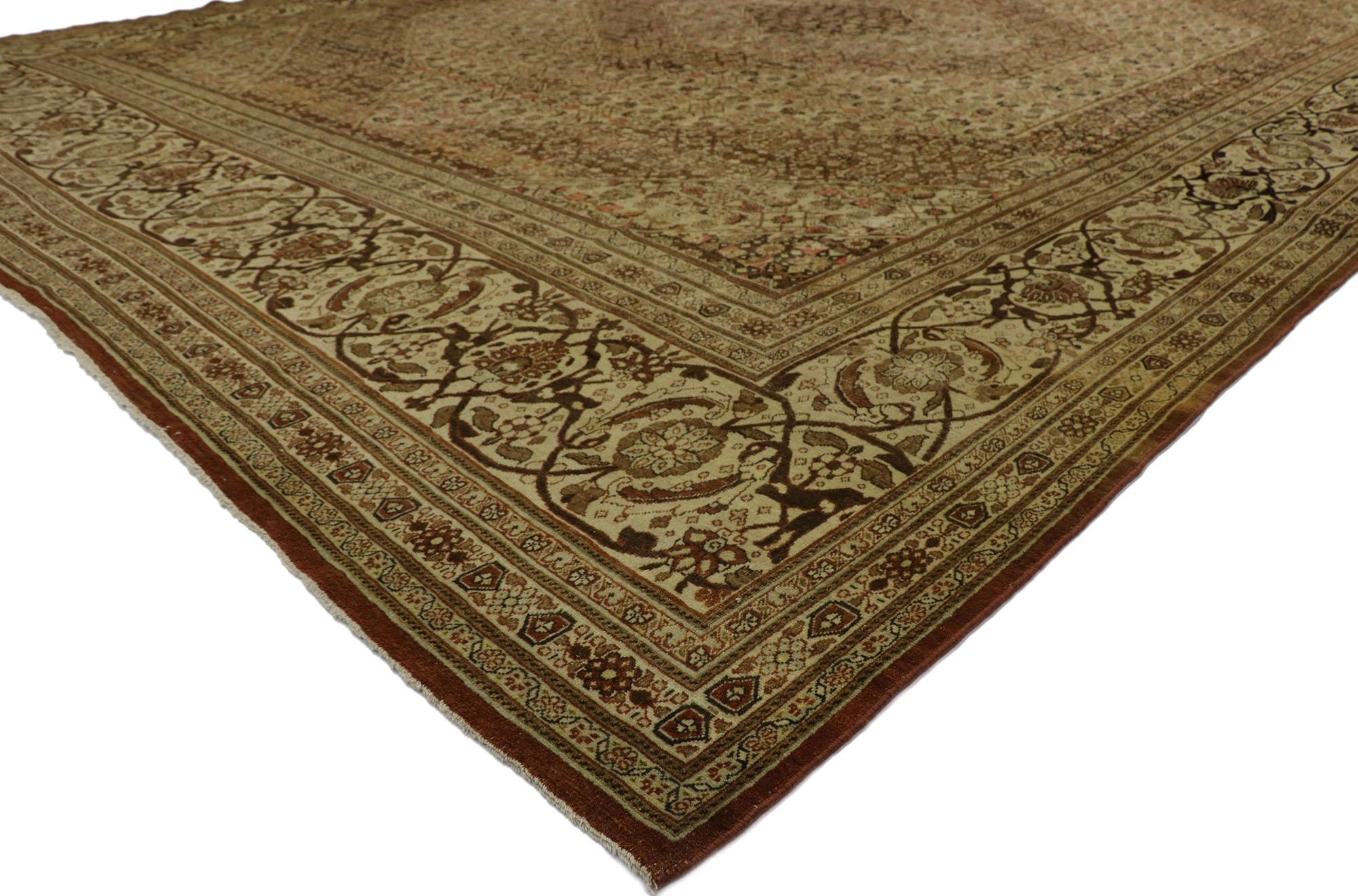 Hand-Knotted Antique Persian Tabriz Rug, Rustic Sensibility Meets Earth-Tone Elegance For Sale