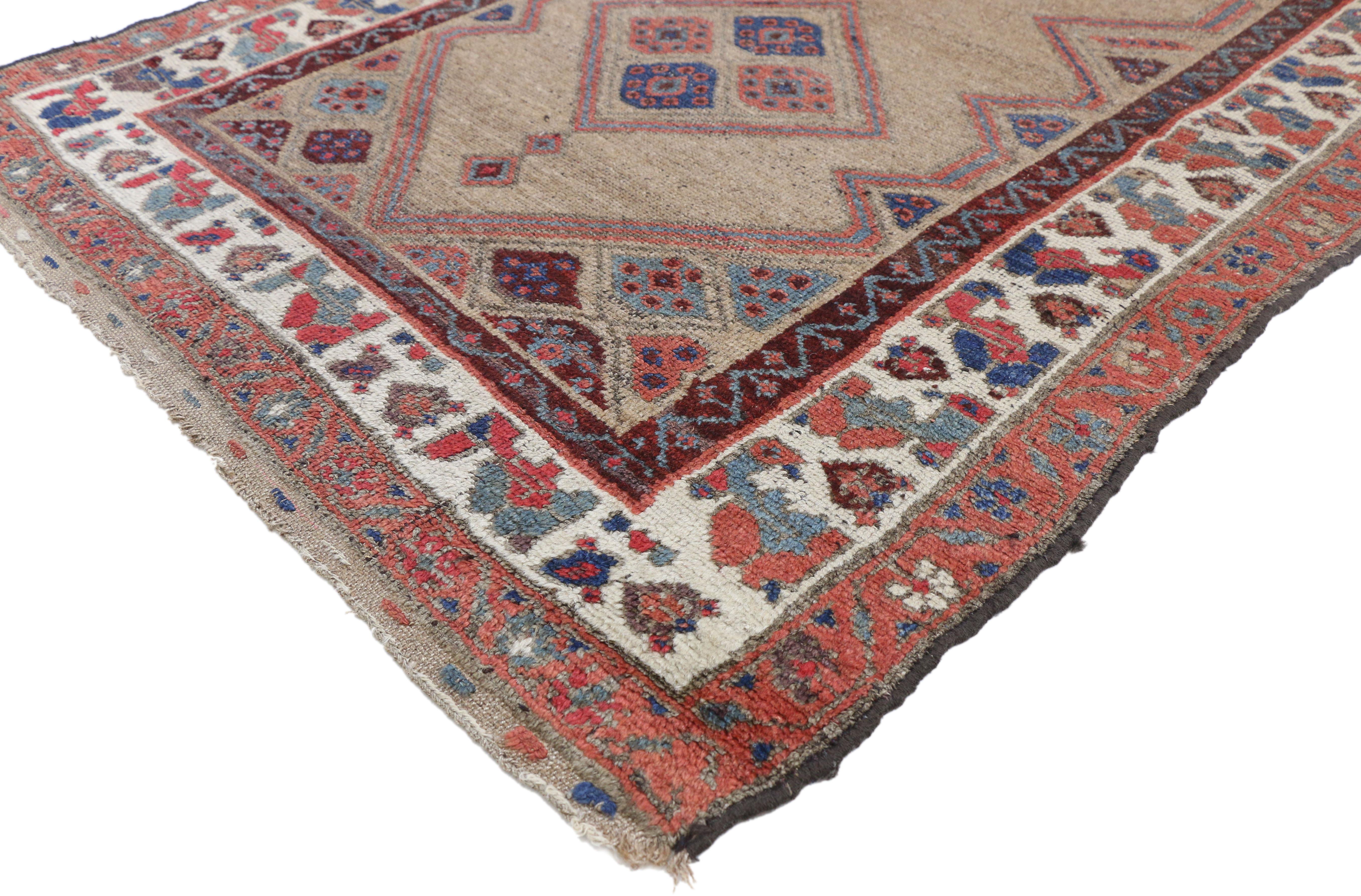 76884, antique Persian Malayer accent rug, entry or foyer rug. This hand knotted antique Persian Malayer rug features two diamond medallions each filled with four lozenges flanked with expanding lozenges. The medallions float on an open abrashed