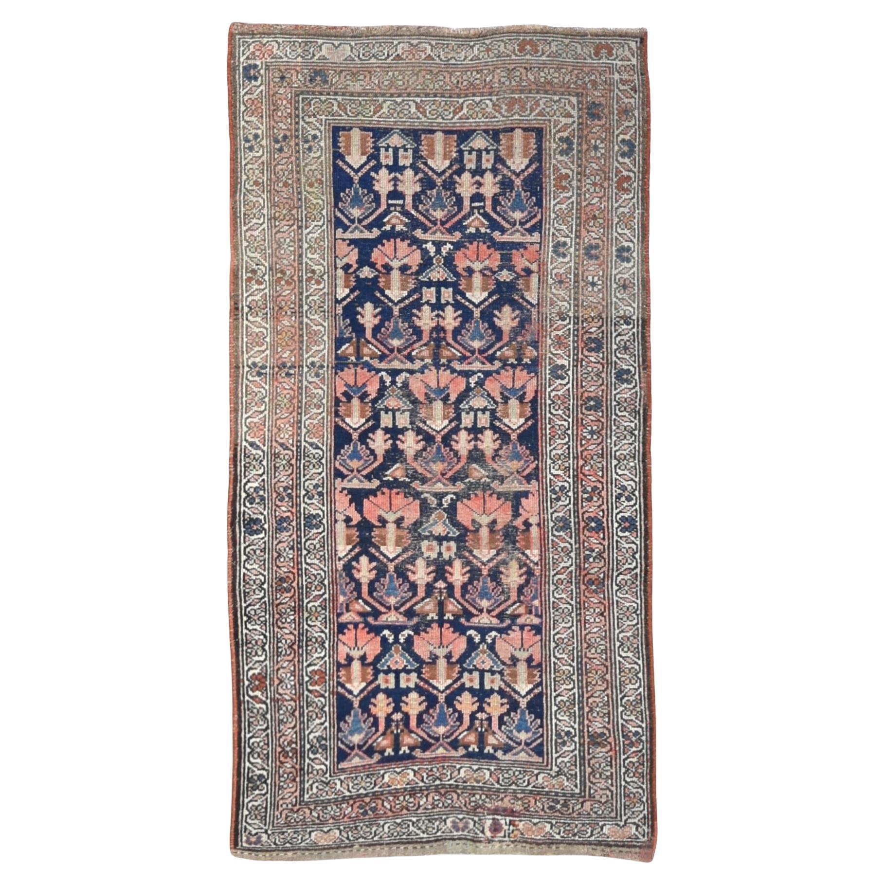 Antique tapis persan Malayer bleu, ivoire et corail 3'2''x6'4'' vers 1920