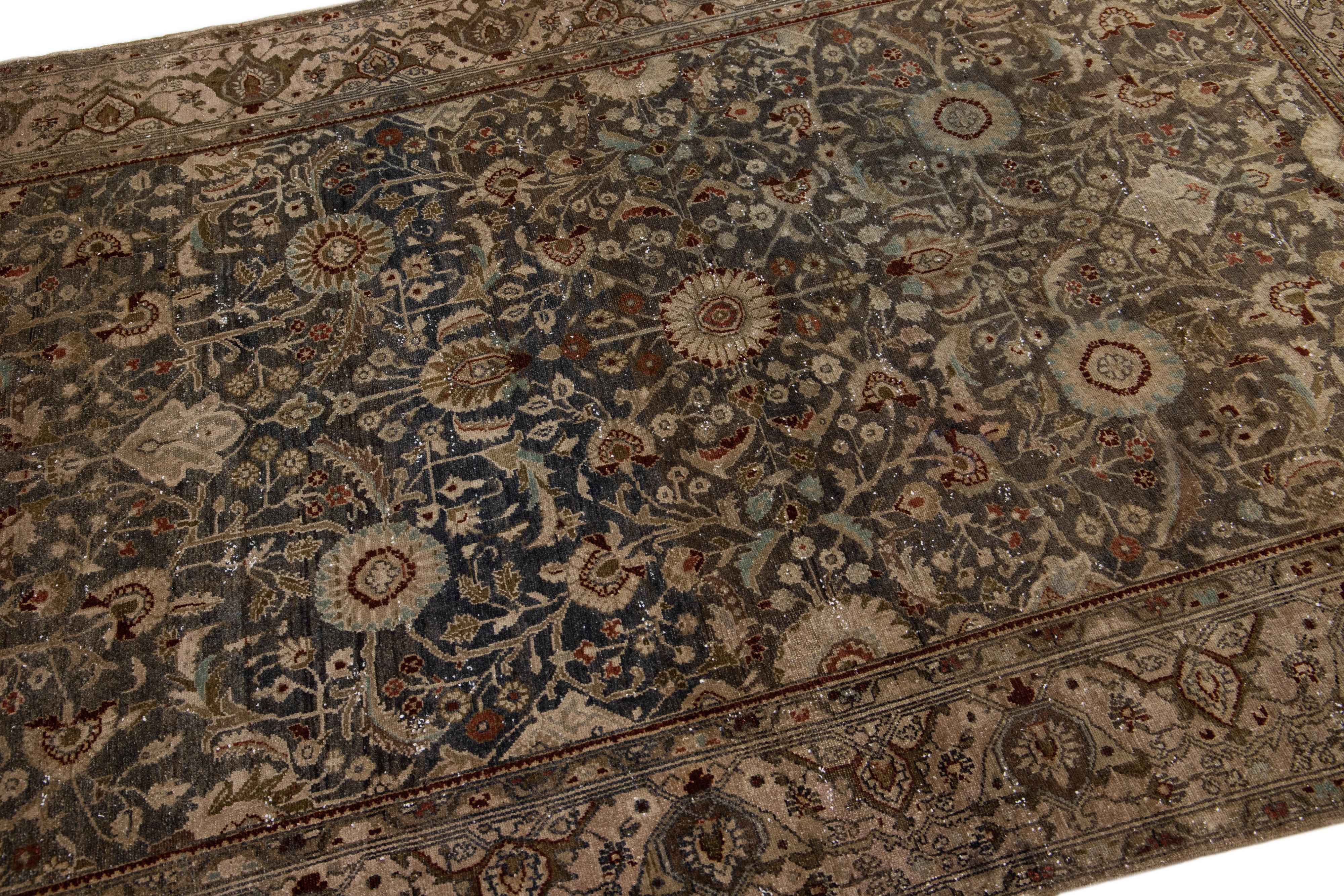 Hand-Knotted Antique Persian Malayer Blue Wool Rug with Medallion Floral Design For Sale